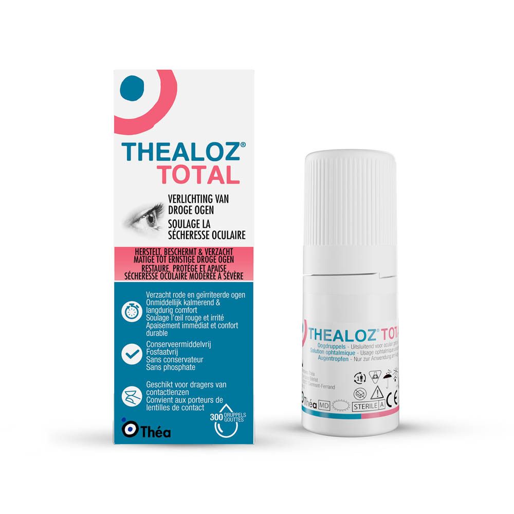 Emballage carton et flacon. Nom du produit et texte. Marque : Théa. Contient 300 gouttes.