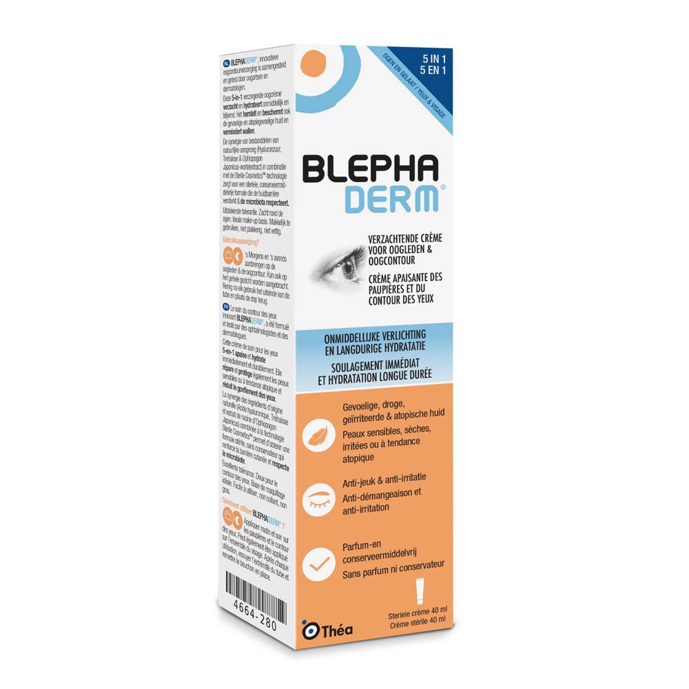 Tube de crème et boîte BLEPHA DERM. Tube et boîte blancs avec design bleu et orange. Inscription: BLEPHA DERM.