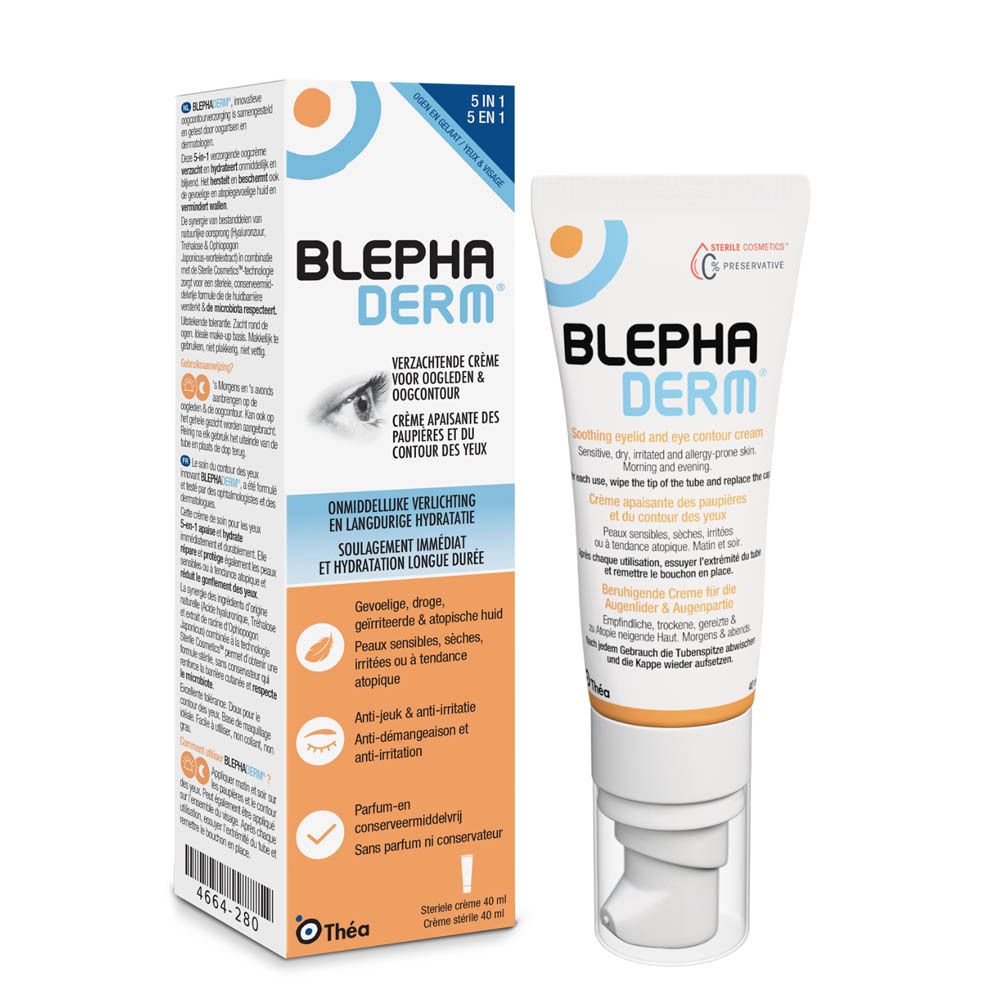 BLEPHA DERM crème tube en doos. Witte tube en doos met blauw-oranje design. Opschrift: BLEPHA DERM.
