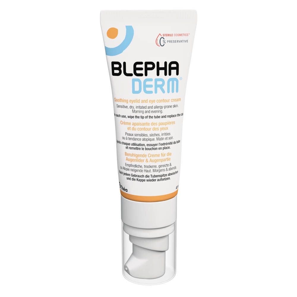Tube de crème BLEPHA DERM. Tube blanc avec design bleu et orange. Inscription: BLEPHA DERM. Avec distributeur.