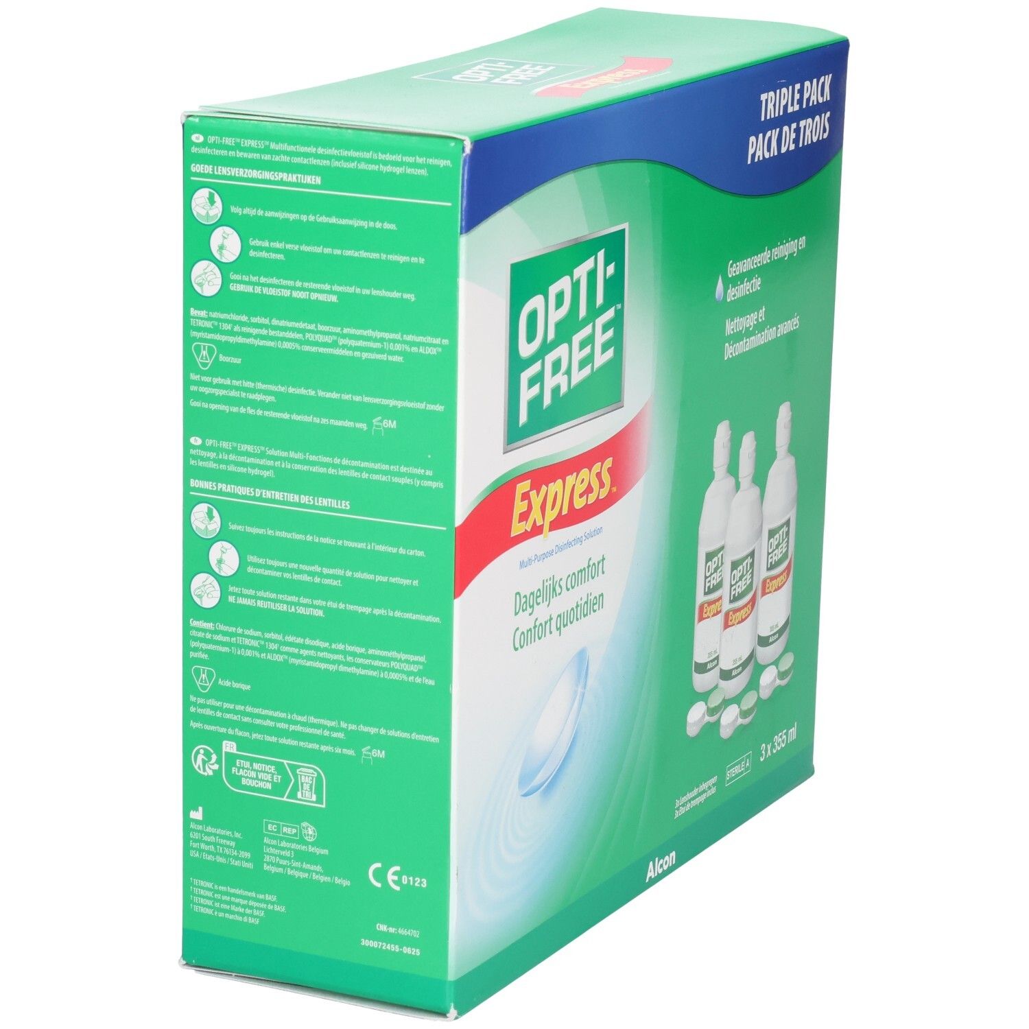 Dos Opti-Free Express pack de trois. Informations et instructions d'utilisation.
