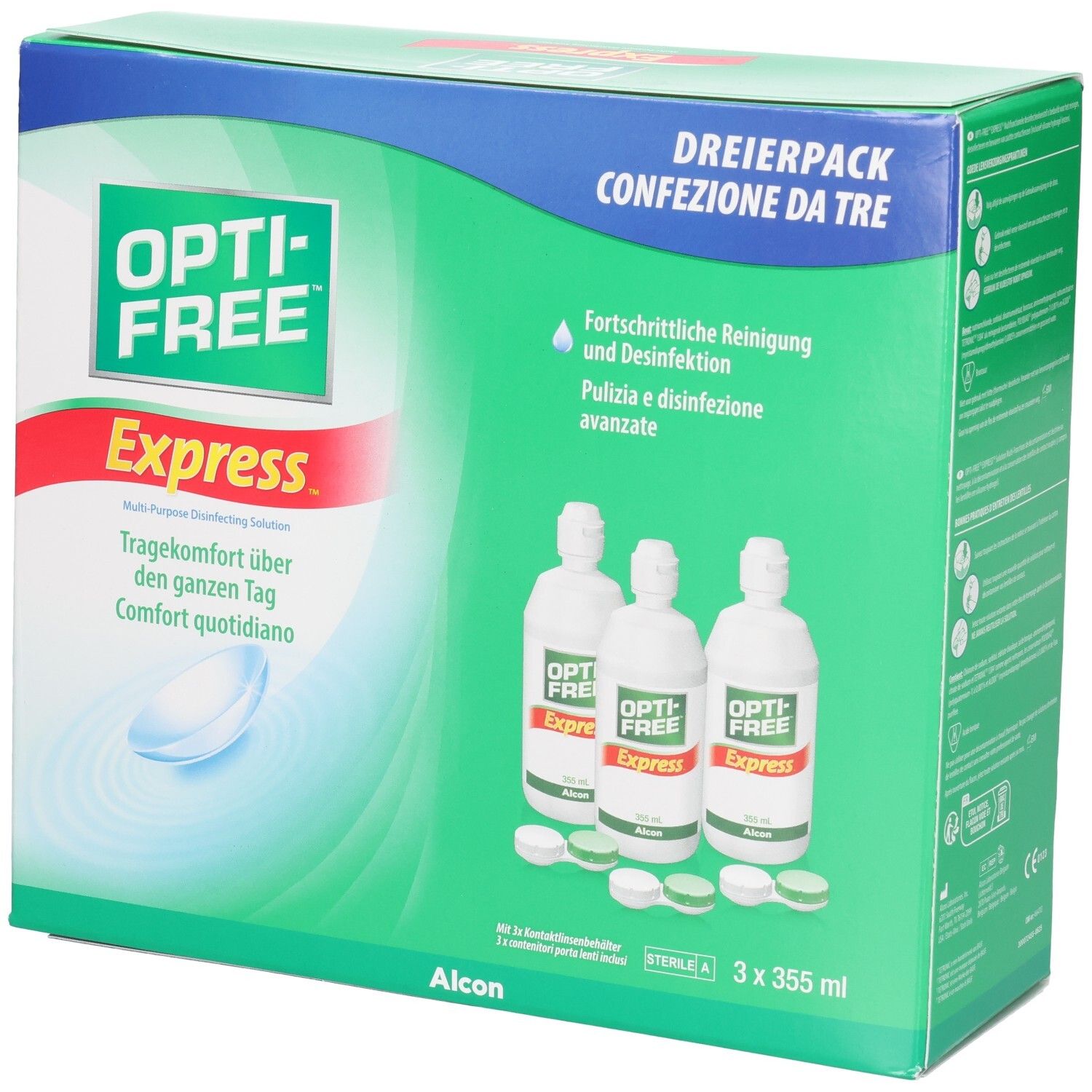 Opti-Free Express pack de trois de solution pour lentilles de contact. Trois bouteilles et étuis.