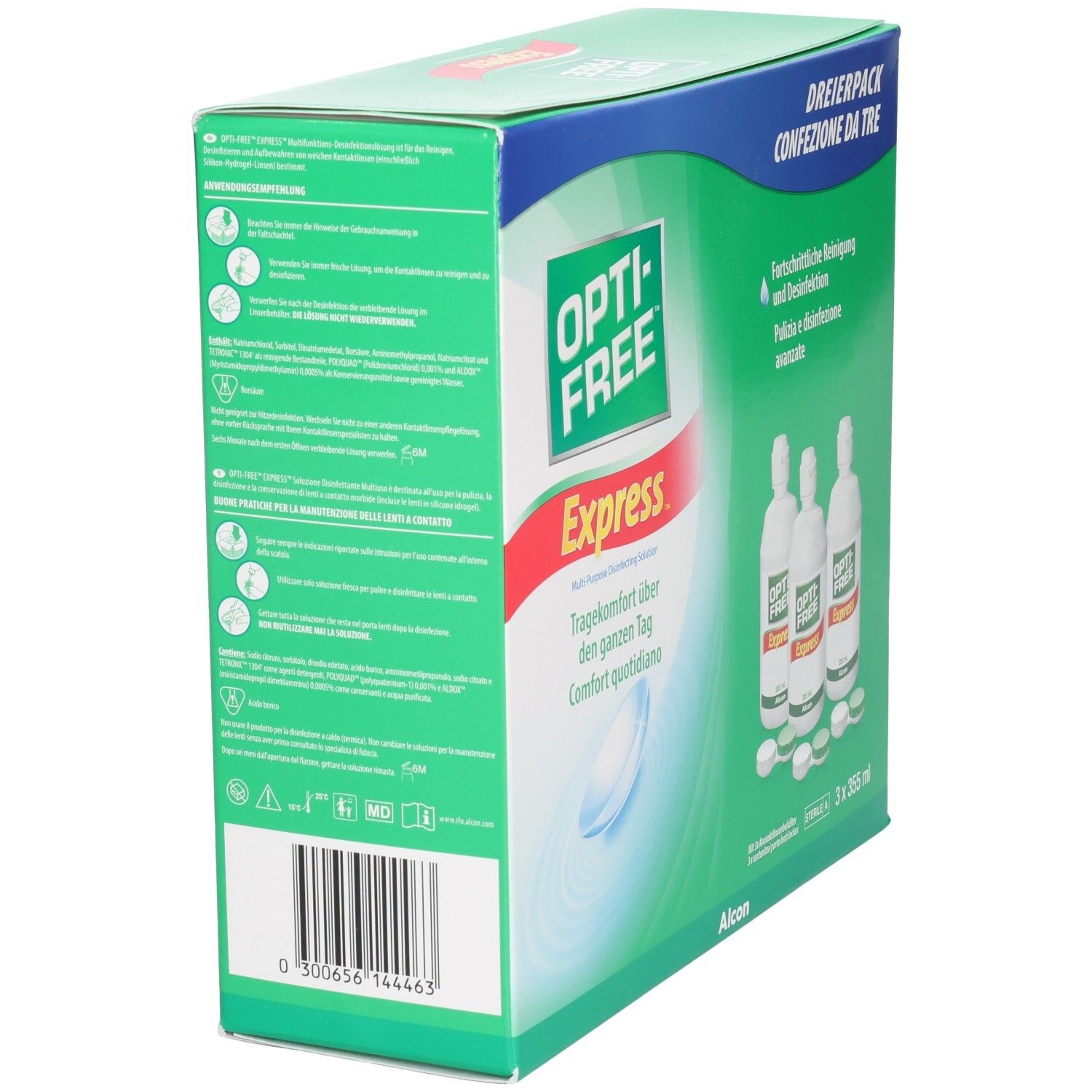 Dos Opti-Free Express pack de trois. Informations et instructions d'utilisation.