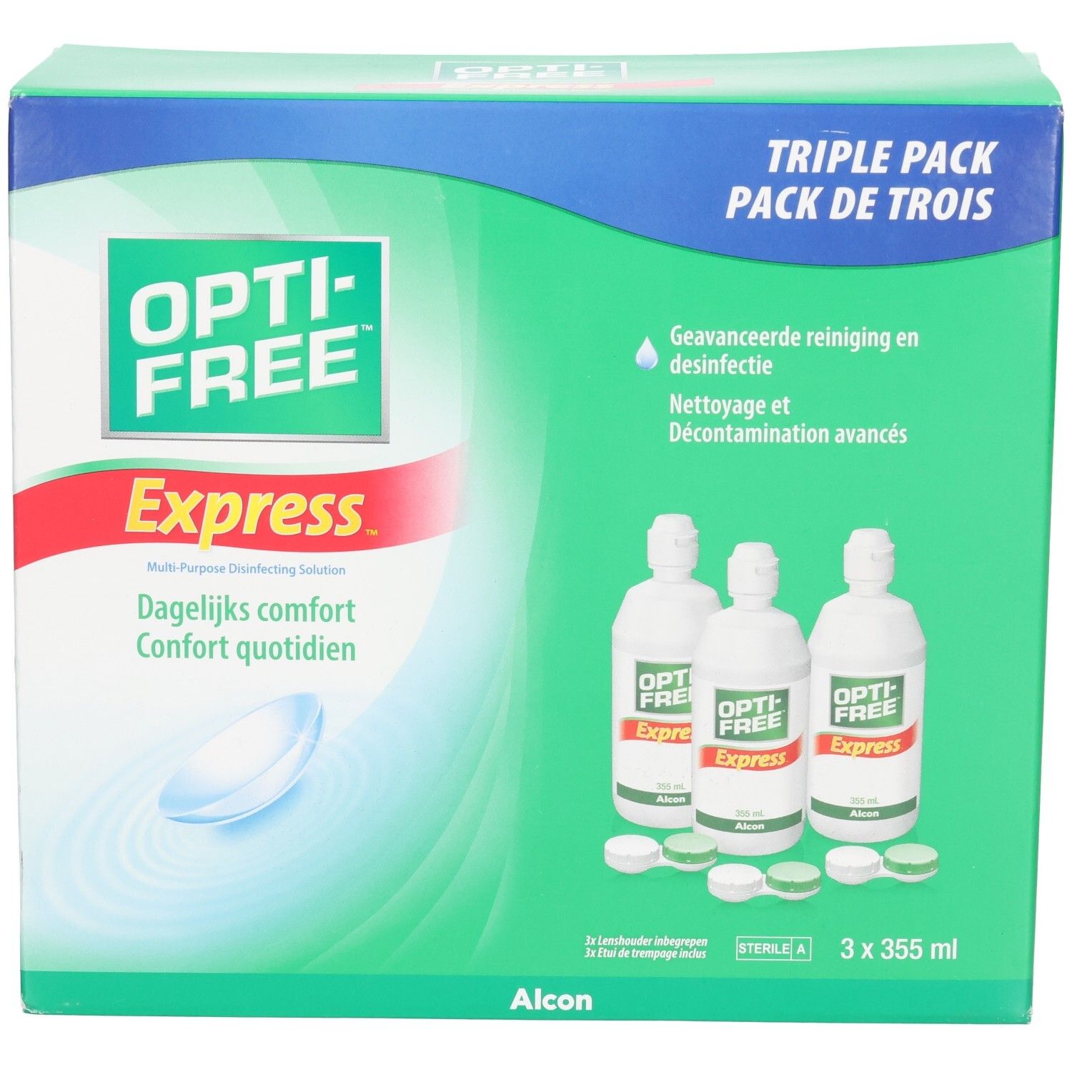 Opti-Free Express pack de trois de solution pour lentilles de contact. Trois bouteilles et étuis.