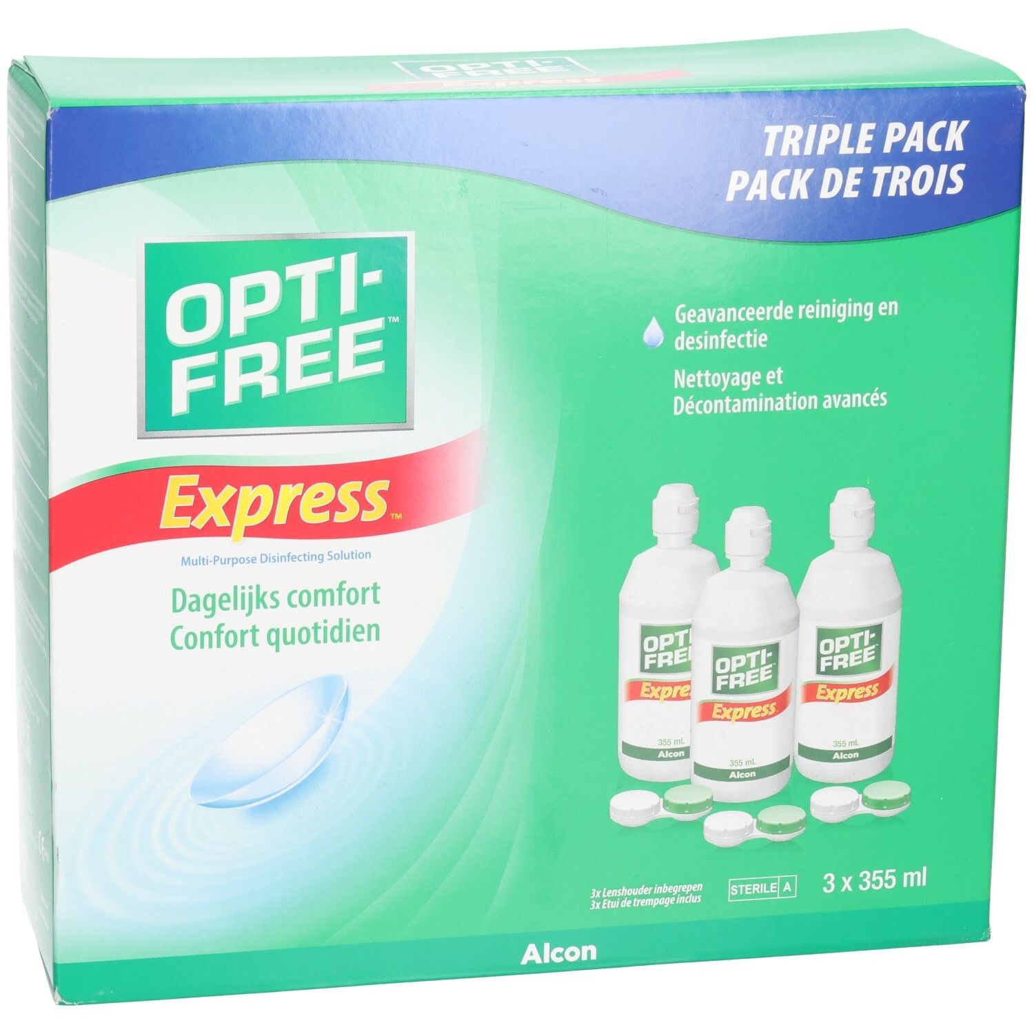 Opti-Free Express pack de trois de solution pour lentilles de contact. Trois bouteilles et étuis.
