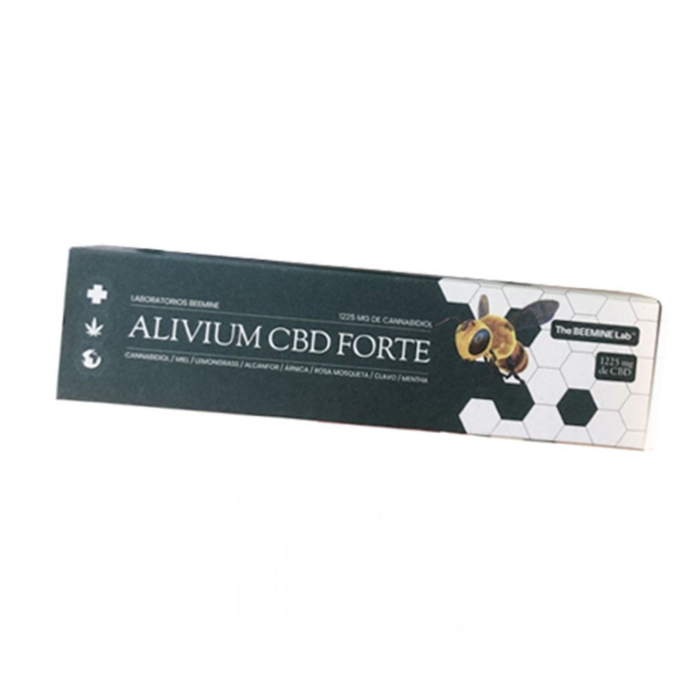 Productverpakking Alivium CBD Forte. Merk: The Beemine Lab. Tekst: 1225 mg Cannabidiol.
