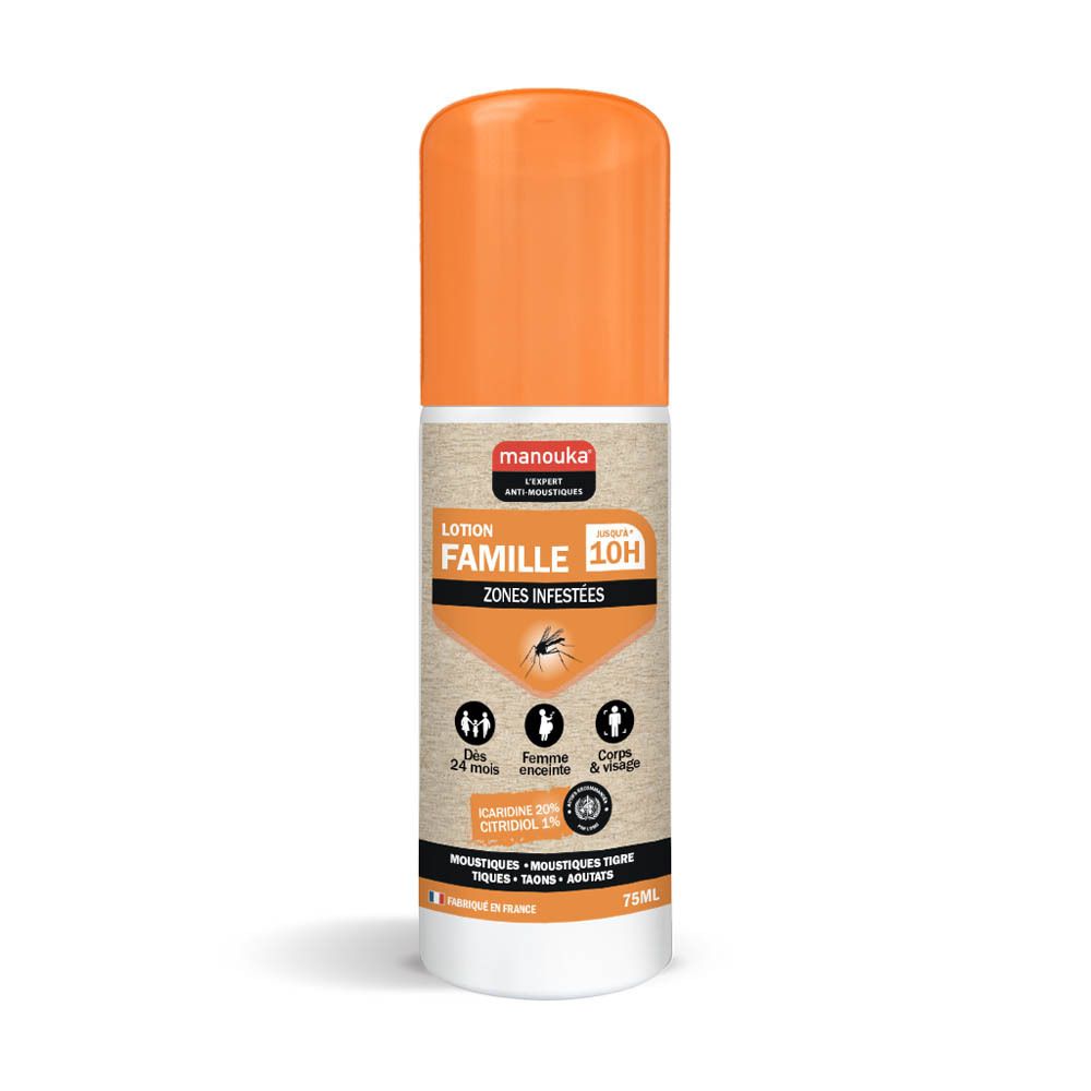 Lotion Manouka Famille : Flacon orange et blanc avec spray. Illustration de moustique, famille et "10H".
