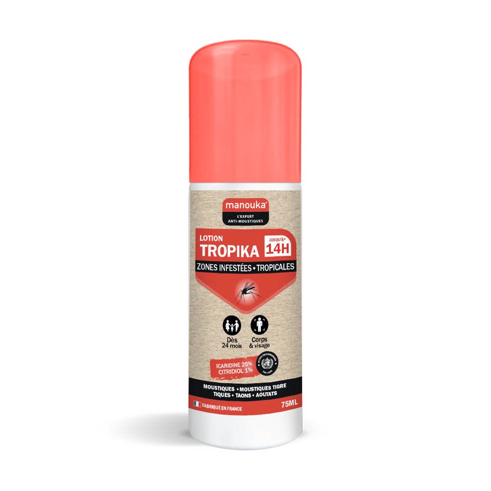 Manouka Lotion Tropika 14H, zones infestées tropicales, avec illustration moustique.