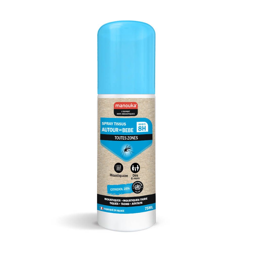 Manouka Bébé spray tissus pour zones bébé, tête de pulvérisation bleu-blanc. 75ml.
