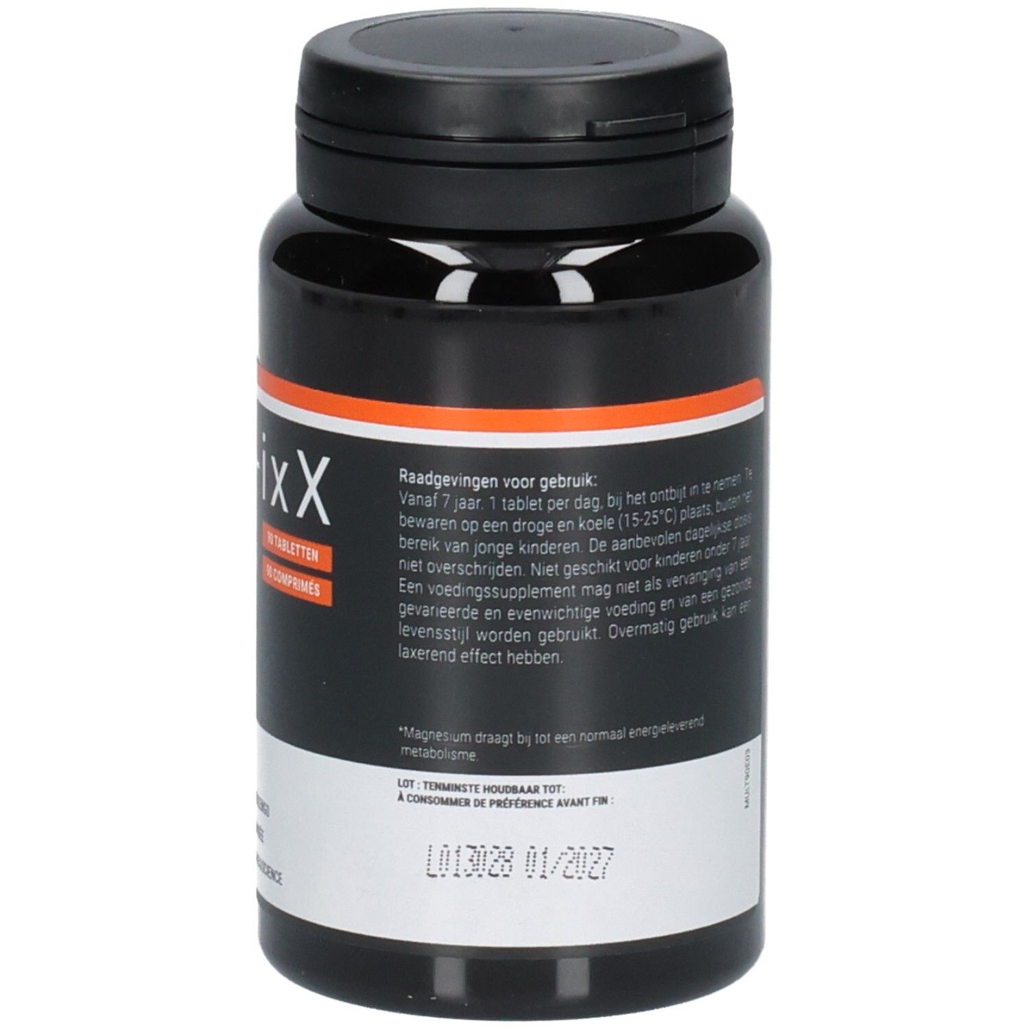 Zwarte fles met zwarte dop. Oranje streep. Tekst: Mult-ixX, tabletten. Datumindicatie.