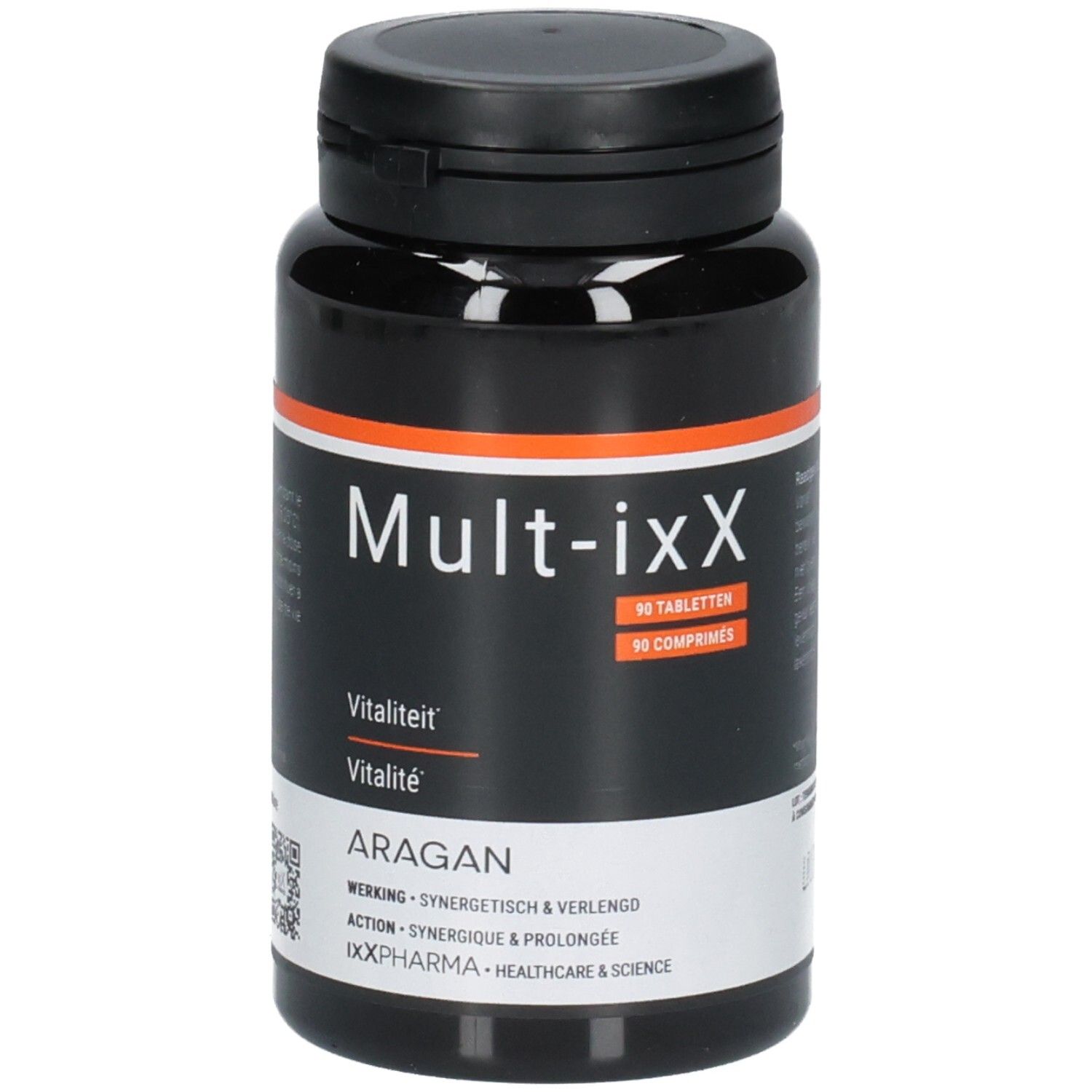 Zwarte fles met zwarte dop. Tekst: Mult-ixX, 90 tabletten, Vitaliteit. Wit etiket met tekst.