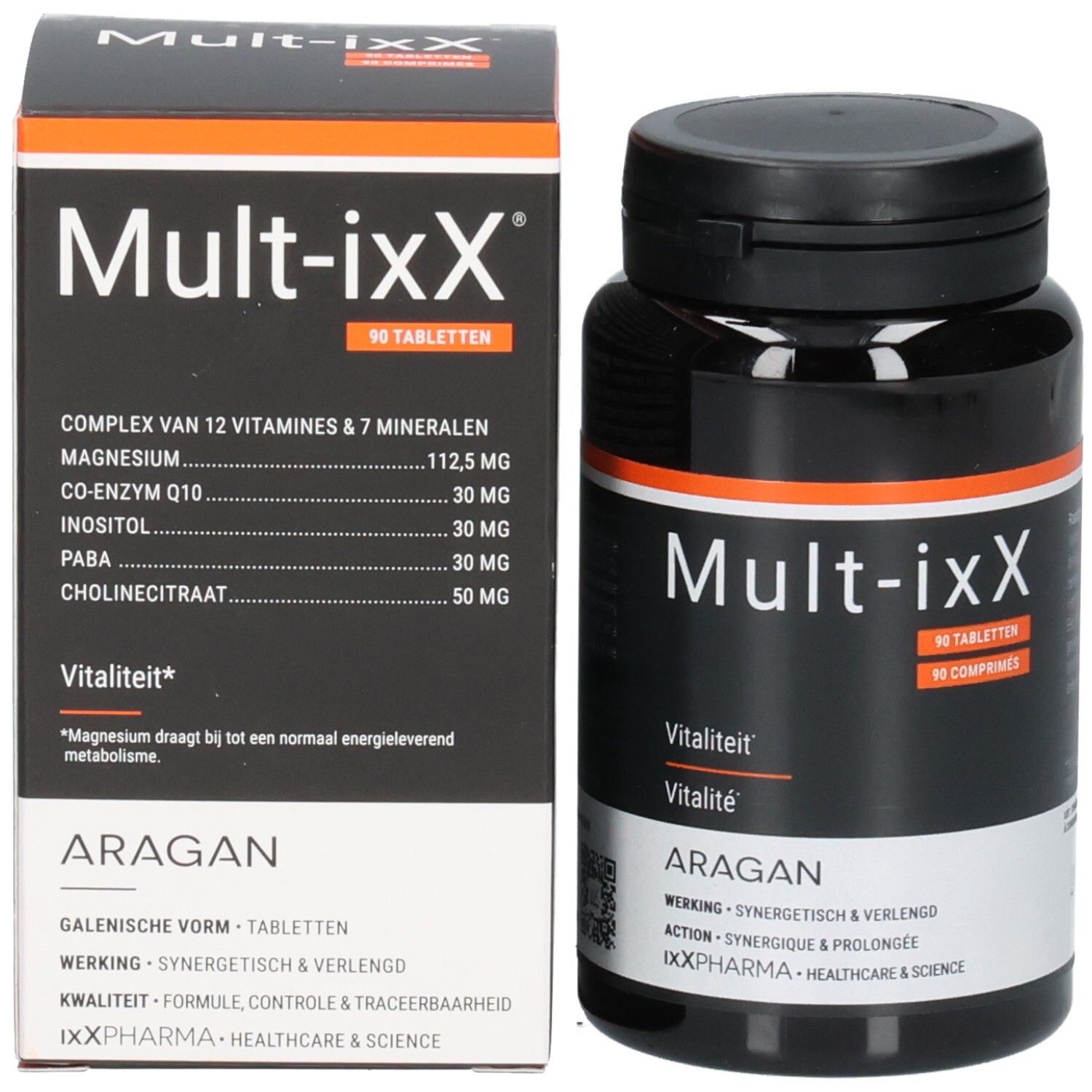 Productverpakking en fles. Verpakking: Mult-ixX, 90 tabletten. Fles: Mult-ixX, Vitaliteit.