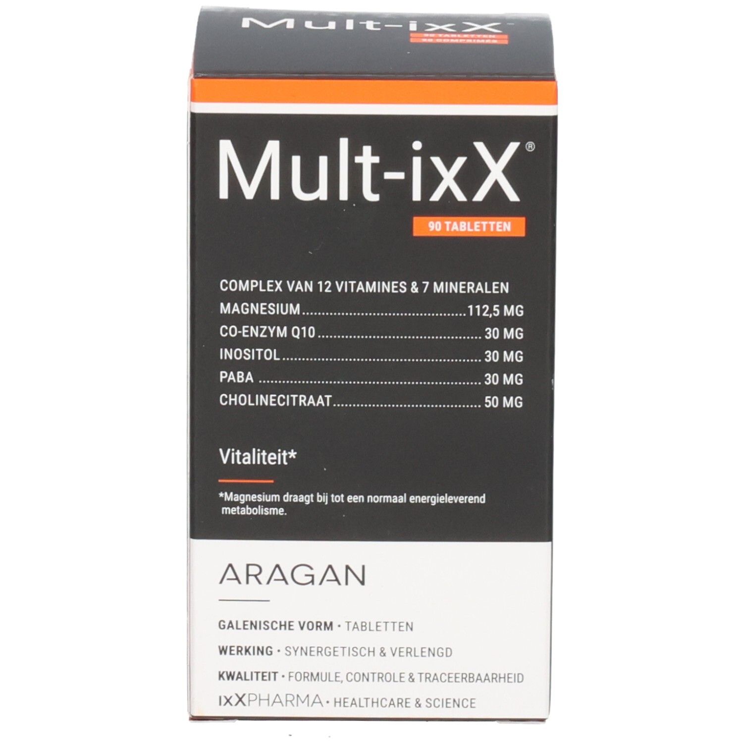 Productverpakking. Tekst: Mult-ixX, 90 tabletten. Ingrediënten en informatie op witte achtergrond.