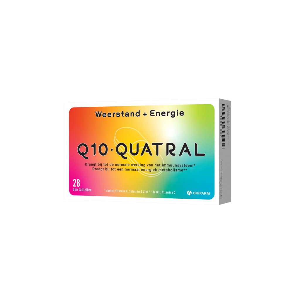 Verpakking Q10 Quatral, 28 tabletten. Opschrift: Weerstand + Energie. Merk: Orifarm.