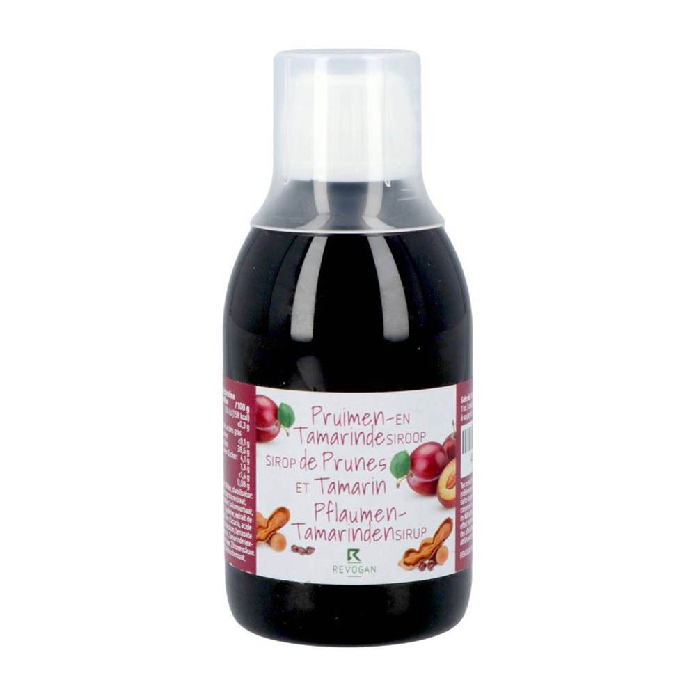 Fles siroop, etiket met pruimen en tamarinde. "Sirop de Prunes et Tamarin".