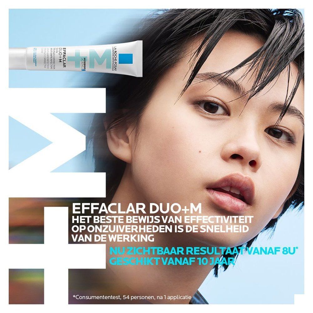 La Roche-Posay Effaclar Duo+M tube met huidverzorgingscrème, met een portret van een jonge vrouw.