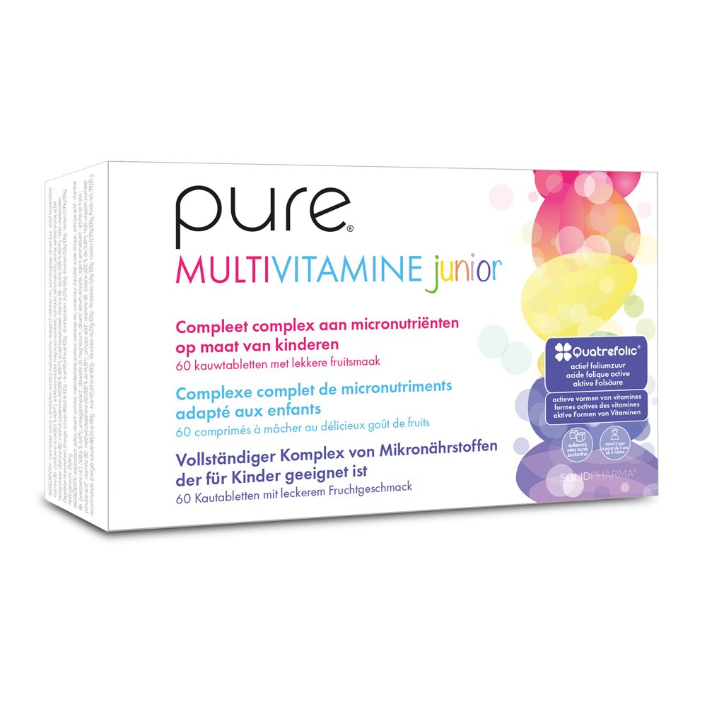 Witte doos Pure Multivitamine Junior. Meertalige opschriften. Kleurrijke illustraties.