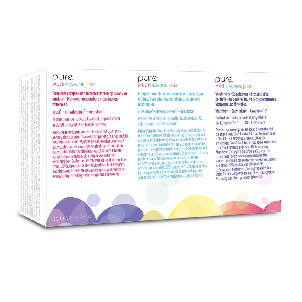 Achterkant verpakking Pure Multivitamine Junior. Meertalige tekst. Kleurrijke illustraties.