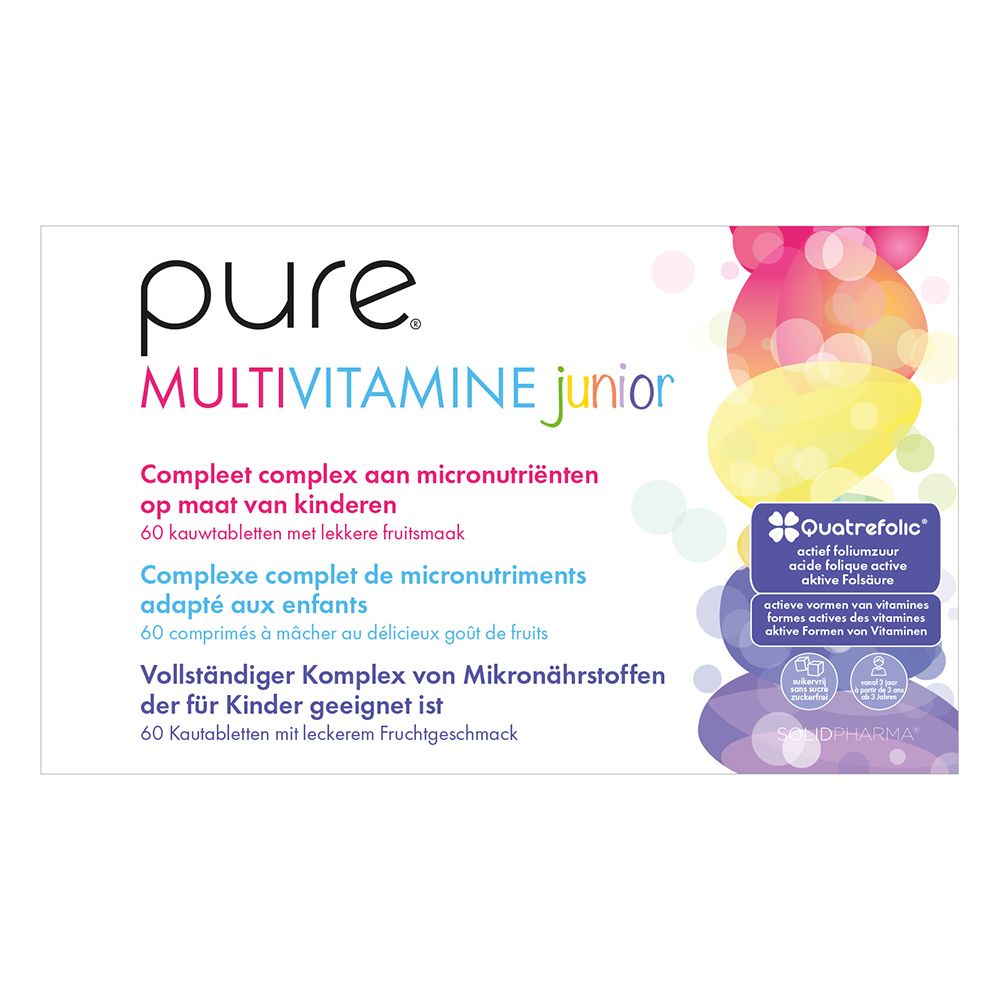 Côté de l'emballage Pure Multivitamine Junior. Texte multilingue. Illustrations colorées.