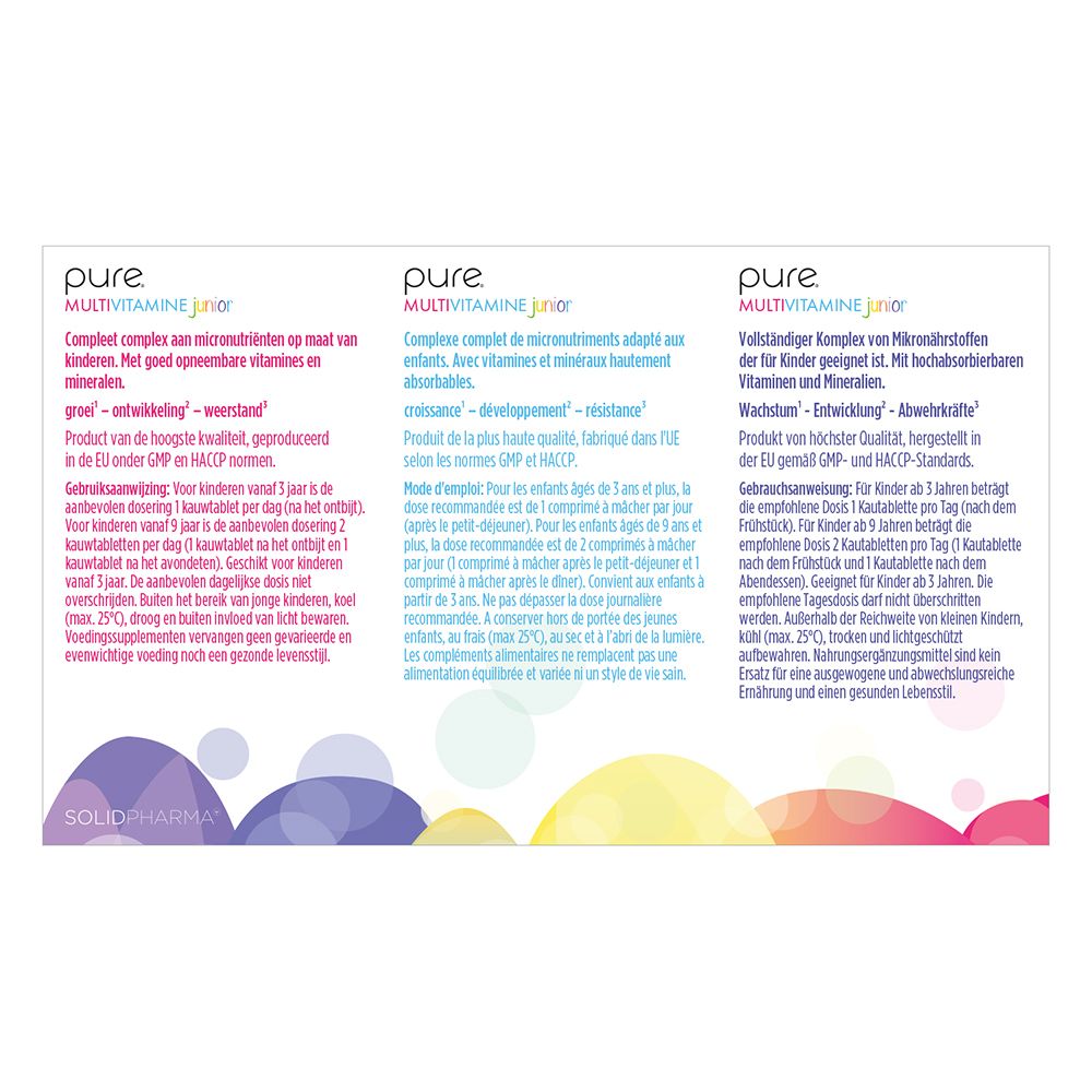 Deux boîtes Pure Multivitamine Junior. Texte et flèches pointant les détails. Fond brun.
