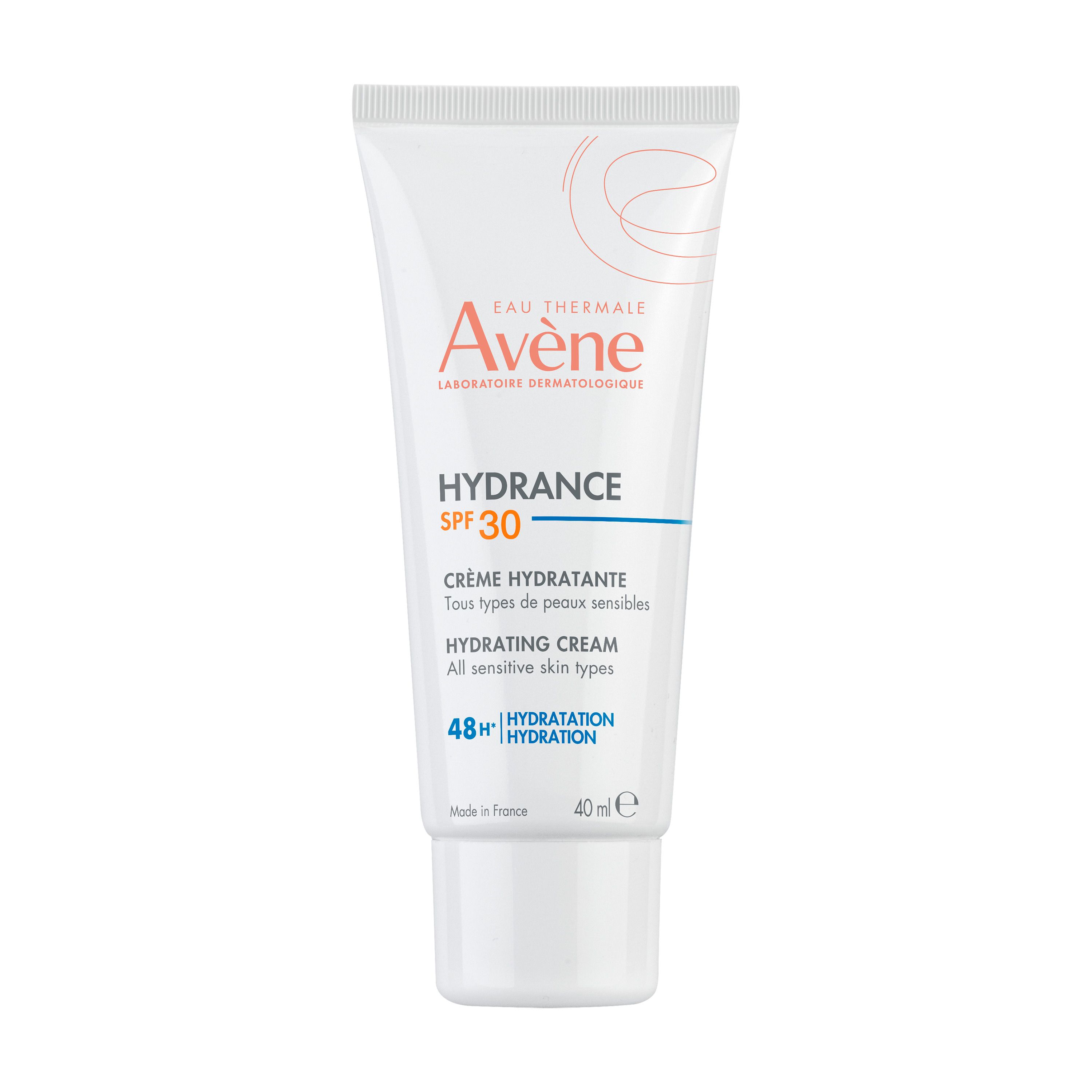 Tube blanc avec informations produit. Marque Avène, Hydrance SPF 30. Crème peaux sensibles. Hydratation 48h.