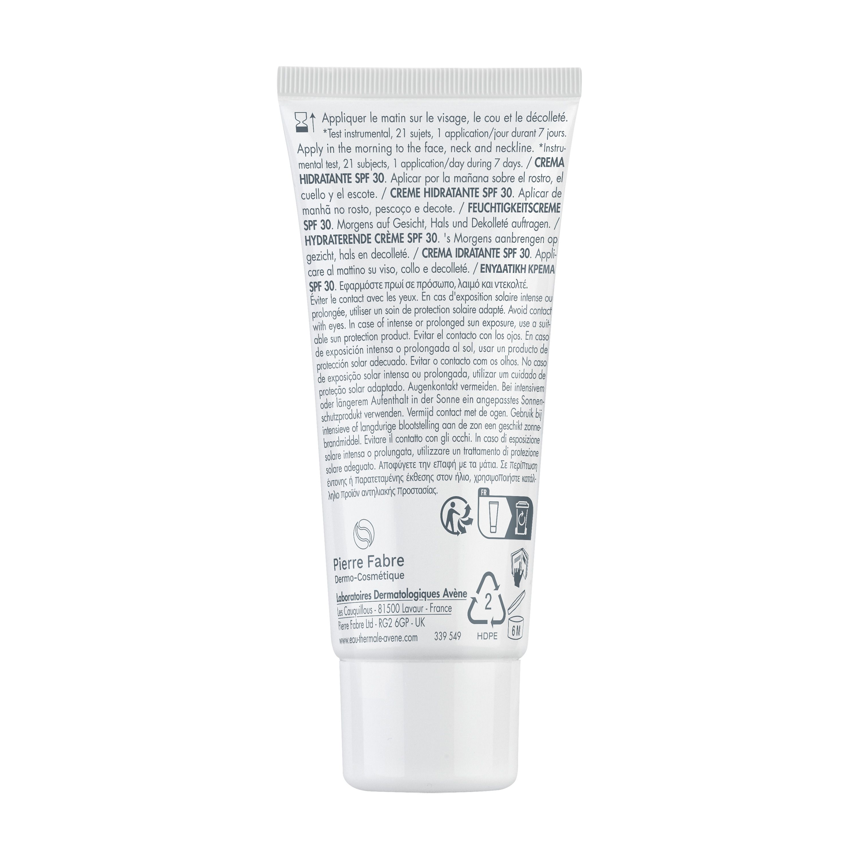 Witte tube, achterkant met productinfo. Merk Avene, Hydrance SPF 30. Gebruiksaanwijzing.