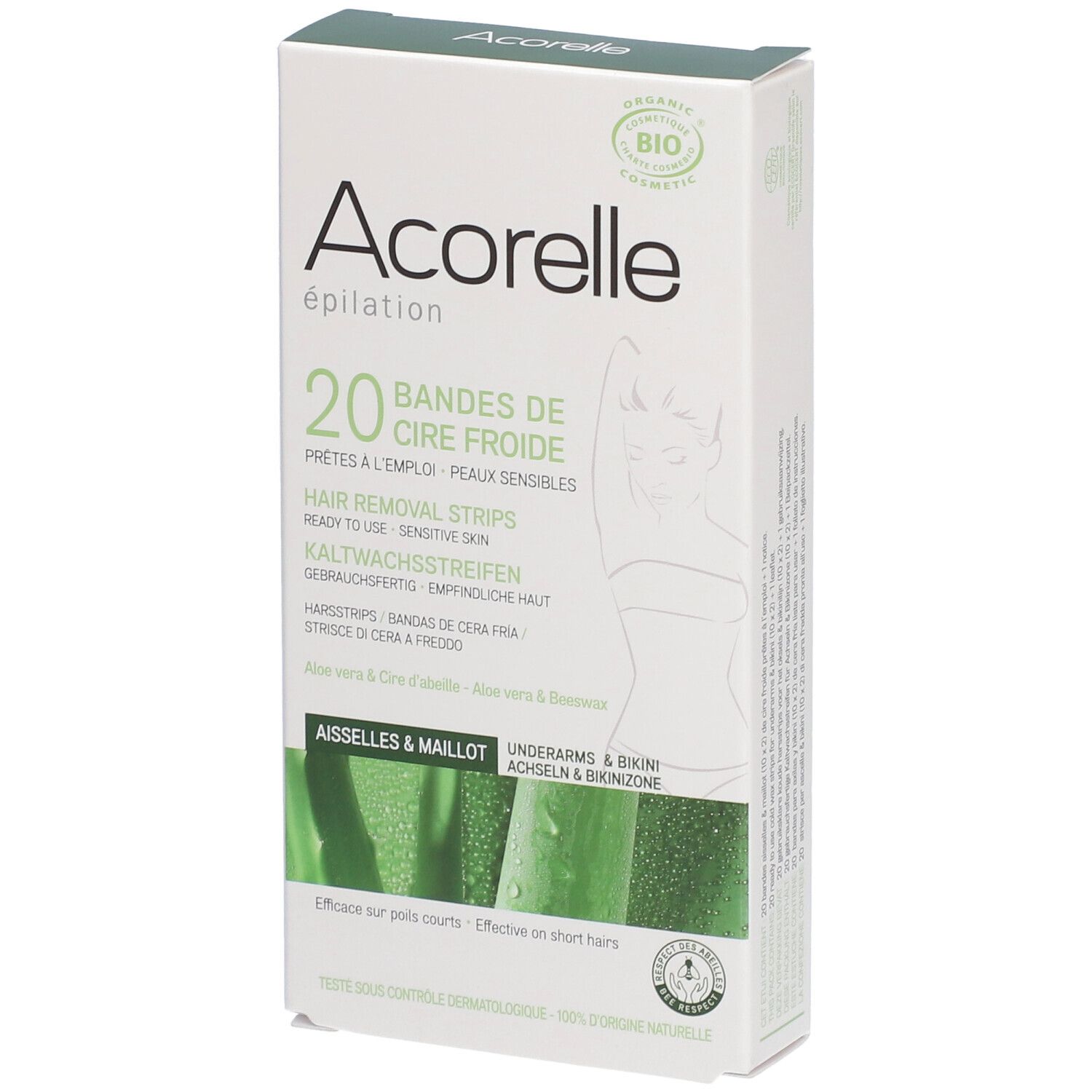 Acorelle ontharingsstrips voor oksels & bikinilijn. 20 strips. Verpakking met productafbeelding.