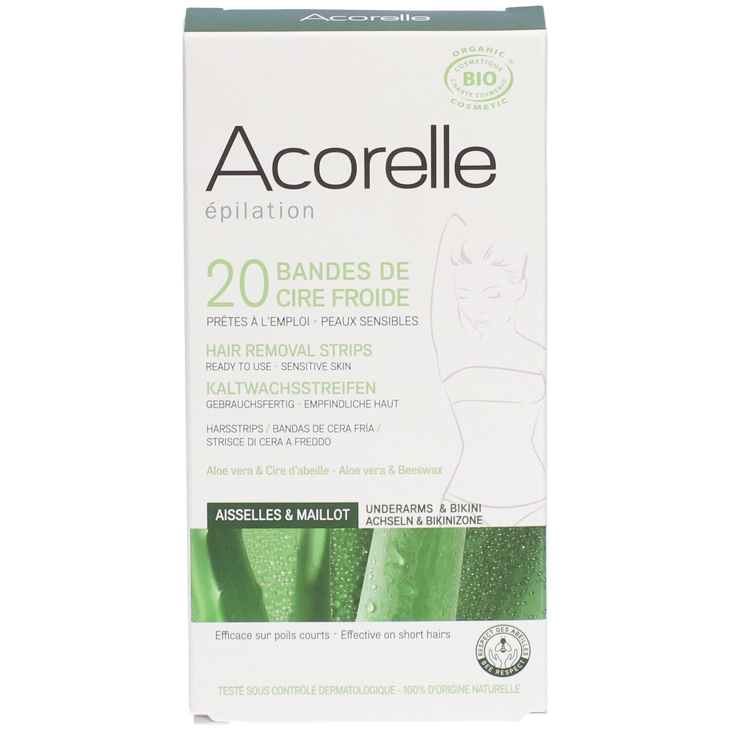 Acorelle ontharingsstrips voor oksels & bikinilijn. 20 strips. Verpakking met productafbeelding.