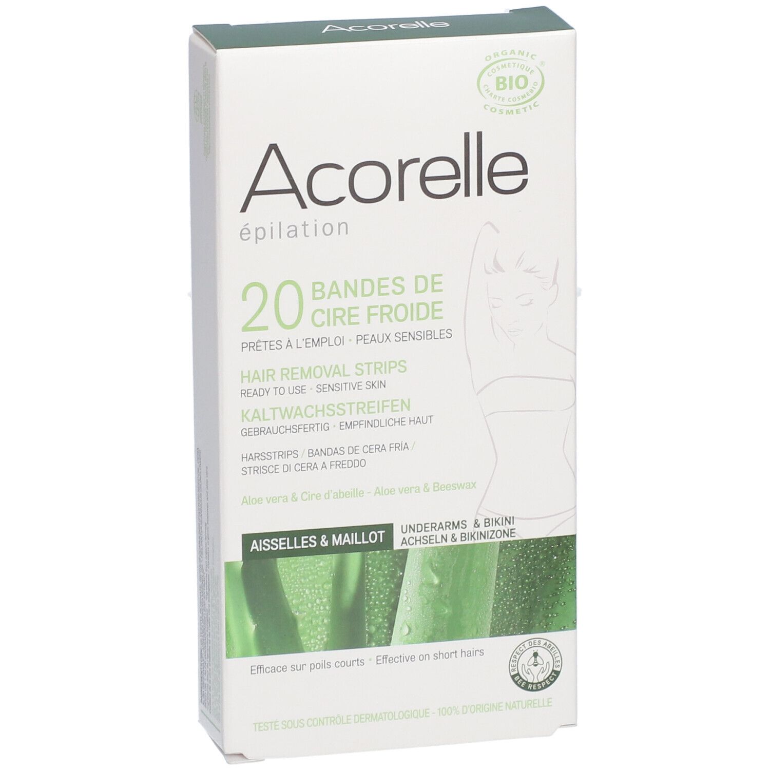 Acorelle ontharingsstrips voor oksels & bikinilijn. 20 strips. Verpakking met productafbeelding.