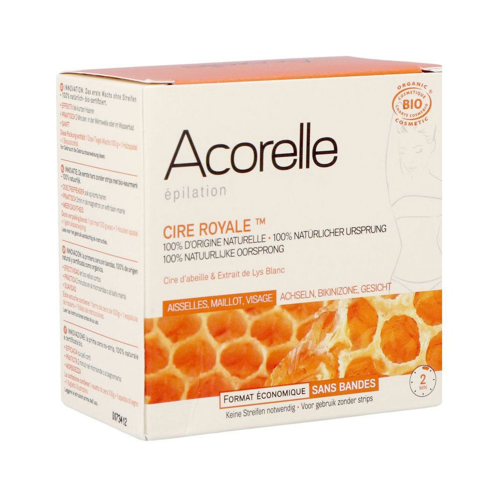 Acorelle Cire Royale Epilatie verpakking met honingraatpatroon en BIO-zegel. Zijaanzicht met tekstinformatie.