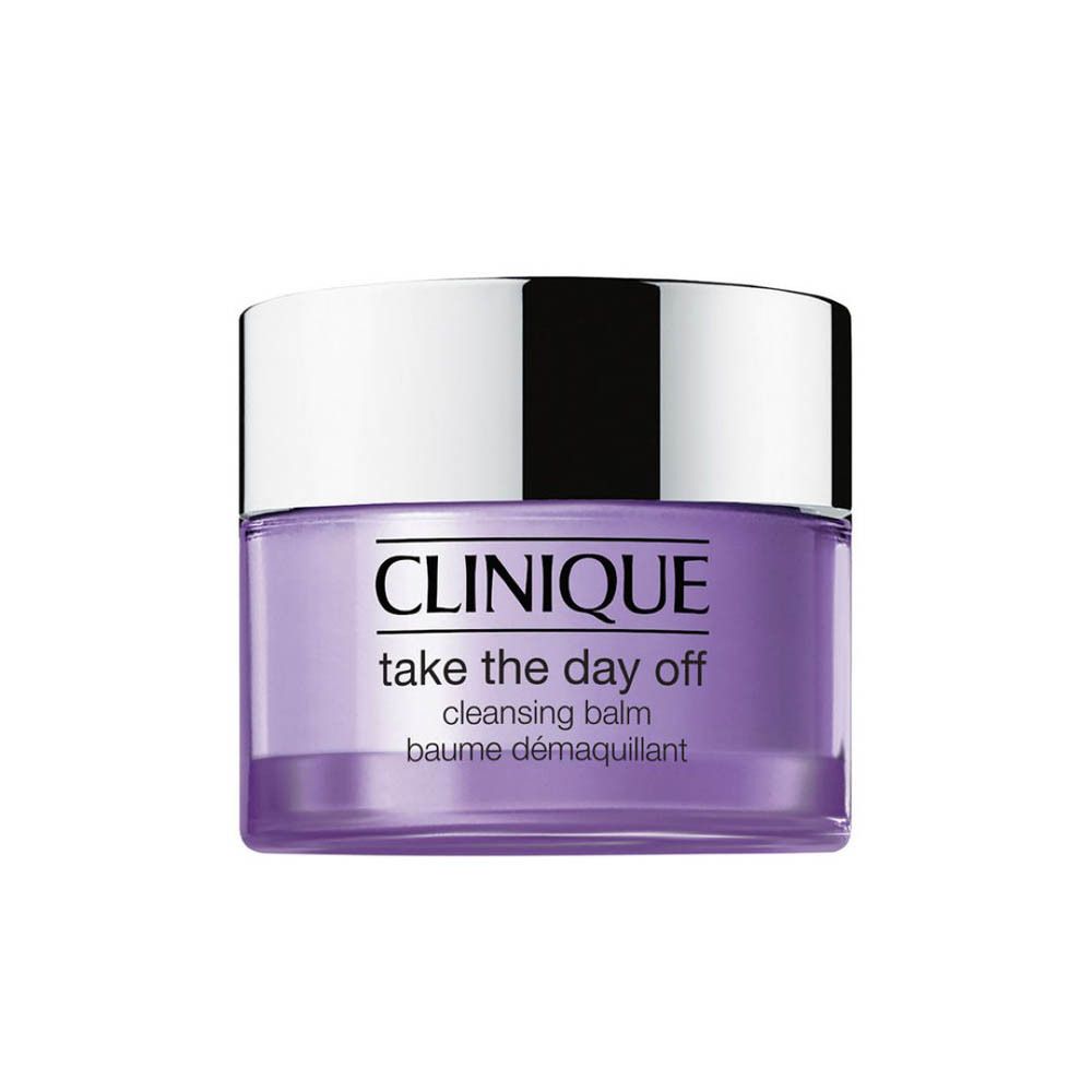 Paarse pot met zilveren deksel. Opschrift: CLINIQUE, Take the Day Off, cleansing balm, Baume démaquillant.