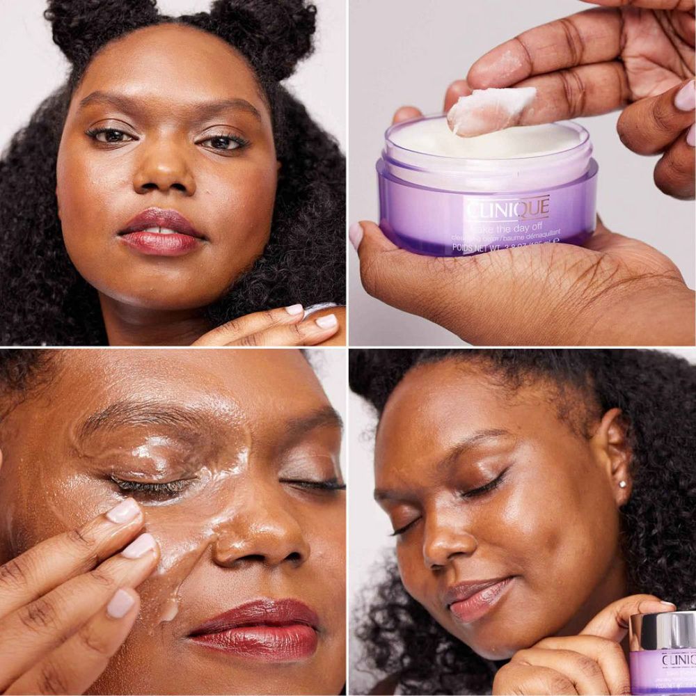 Vier afbeeldingen tonen een persoon die het product gebruikt. Product: CLINIQUE Take the Day Off.