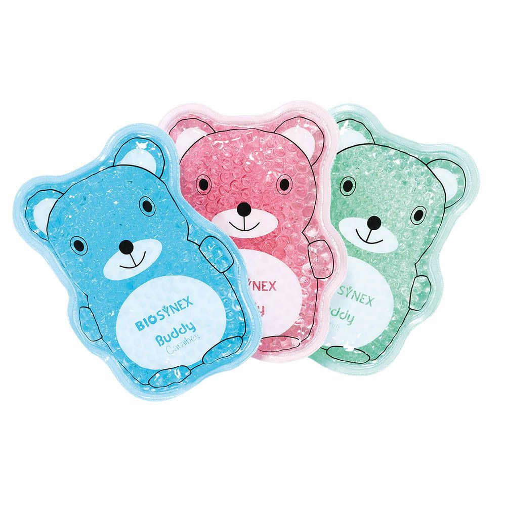 Trois coussins thermiques en forme d'ours. Bleu, rose et vert. Buddy.
