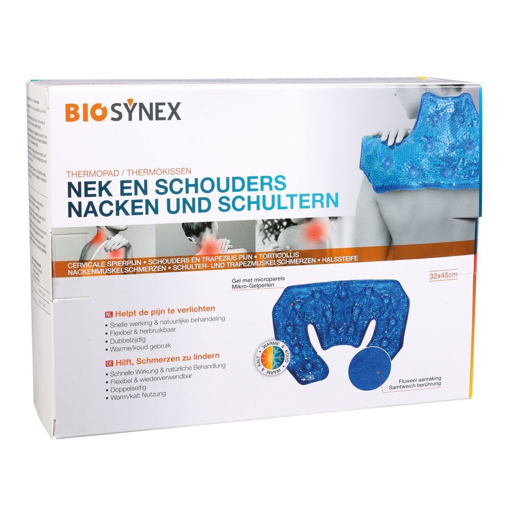 BIOSYNEX-verpakking. Thermisch nek- en schouderkussen. Blauw kussen afgebeeld op de verpakking. Afmetingen: 32x45 cm. Meertalige tekst.