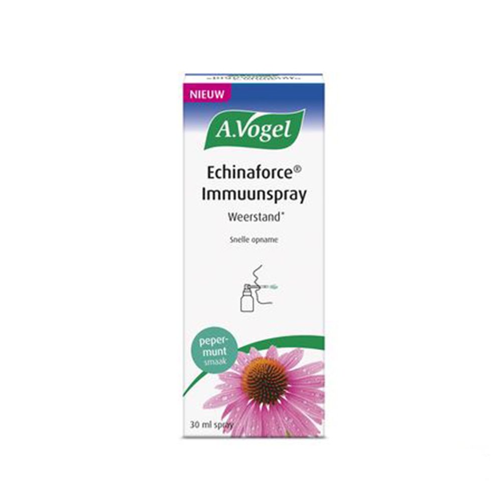 A.Vogel Echinaforce® Immuunspray doos. Productinformatie, bloemillustratie en smaakindicatie.