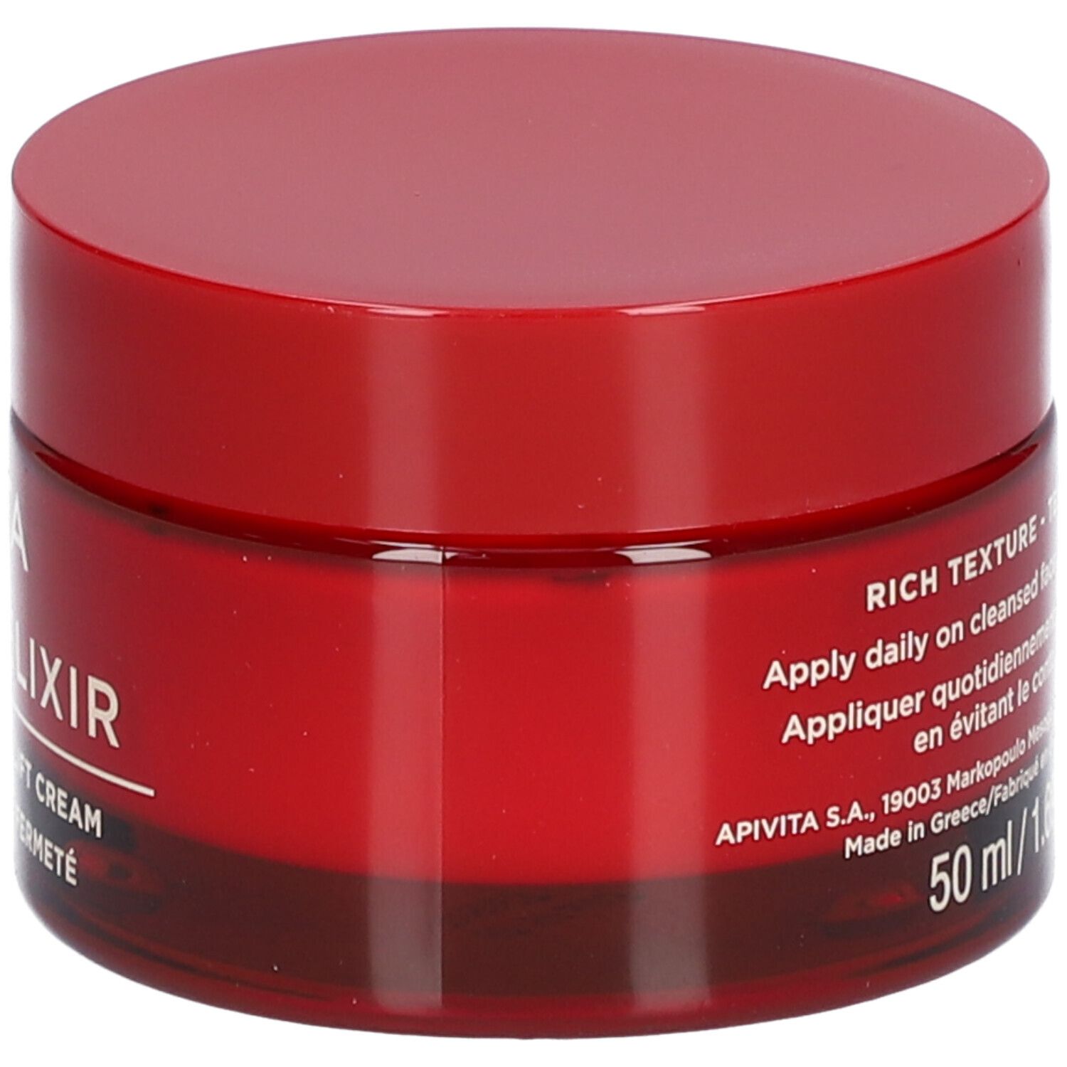 Pot rouge avec couvercle. Inscription : APIVITA BEEVINE ELIXIR. Instructions d'utilisation et ingrédients.