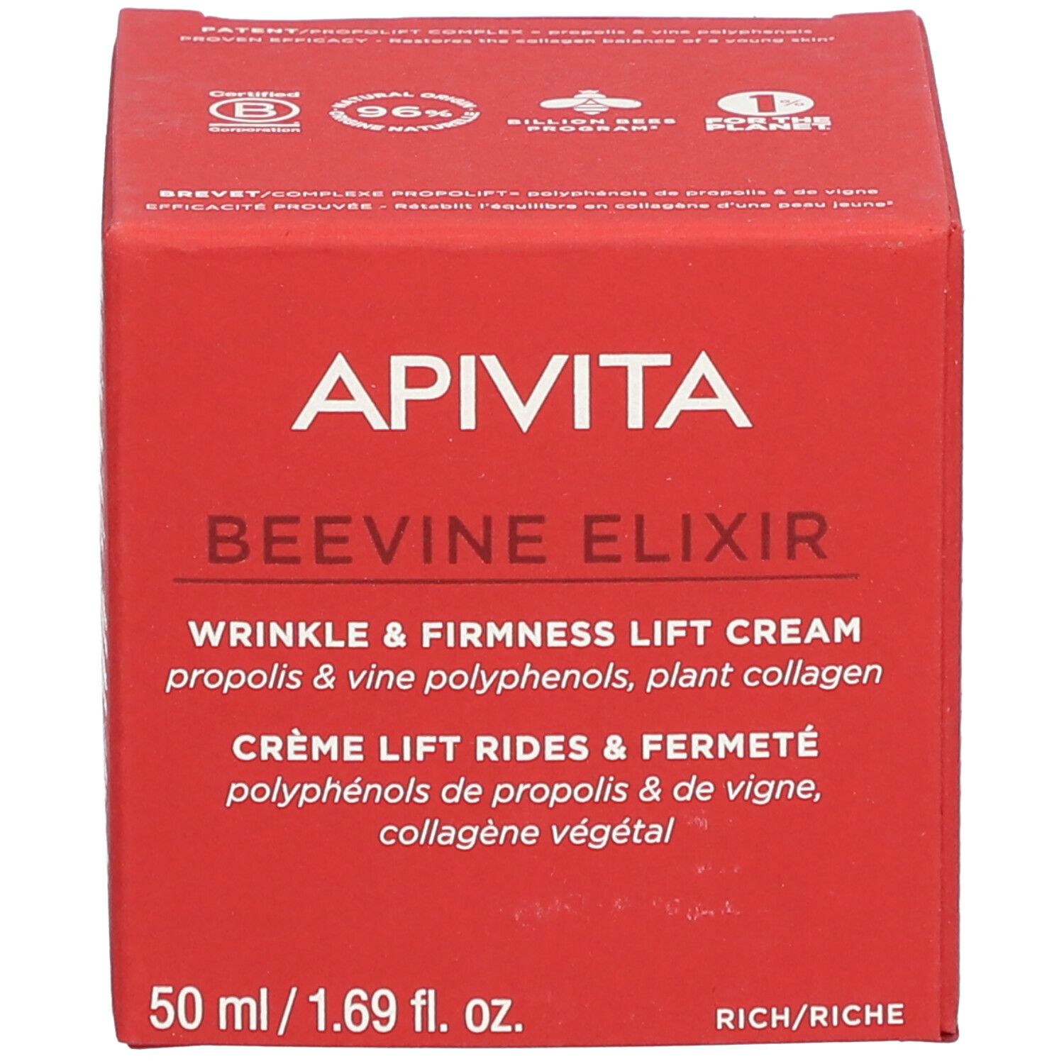 Boîte rouge. Inscription : APIVITA BEEVINE ELIXIR. Crème anti-rides et fermeté. Ingrédients.