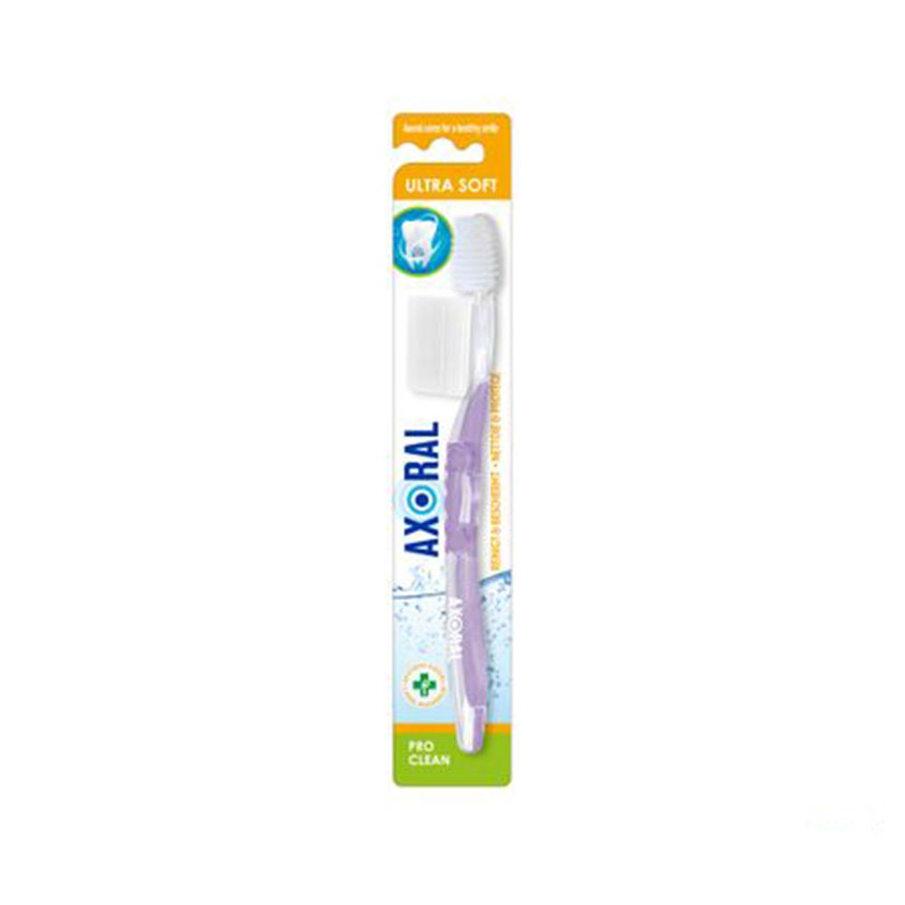 Tandenborstel met beschermkap. Paars handvat, witte borstelkop. Opschriften "Ultra Soft" en "Axoral".