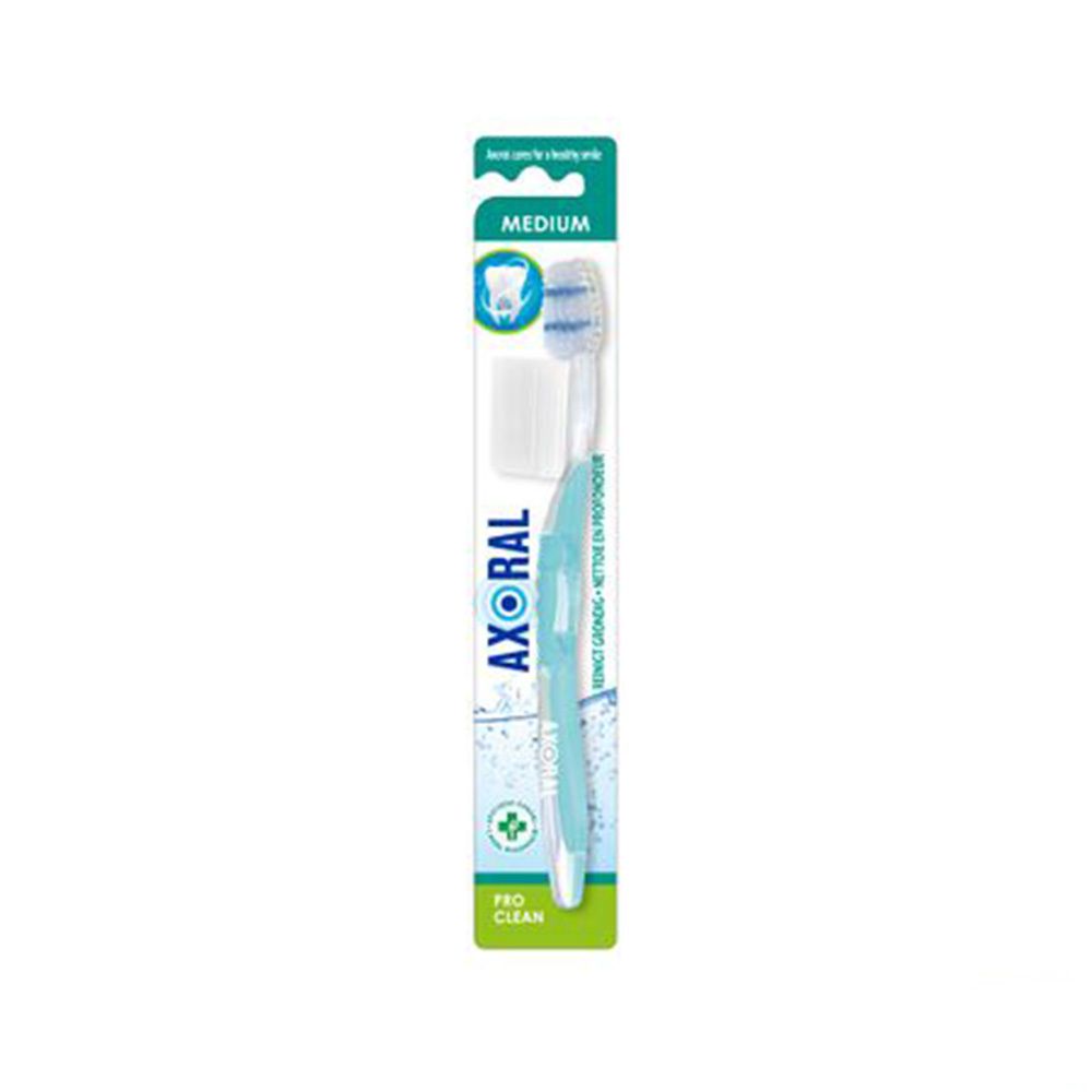 Brosse à dents dans son emballage. Manche bleu clair, tête blanche. Inscriptions "AXORAL" et "MEDIUM".
