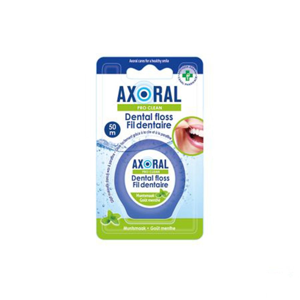 Verpakking Axoral Pro Clean Dental floss, blauw en wit. Bevat een rol floss, 50 m. Muntsmaak. Apotheek logo.