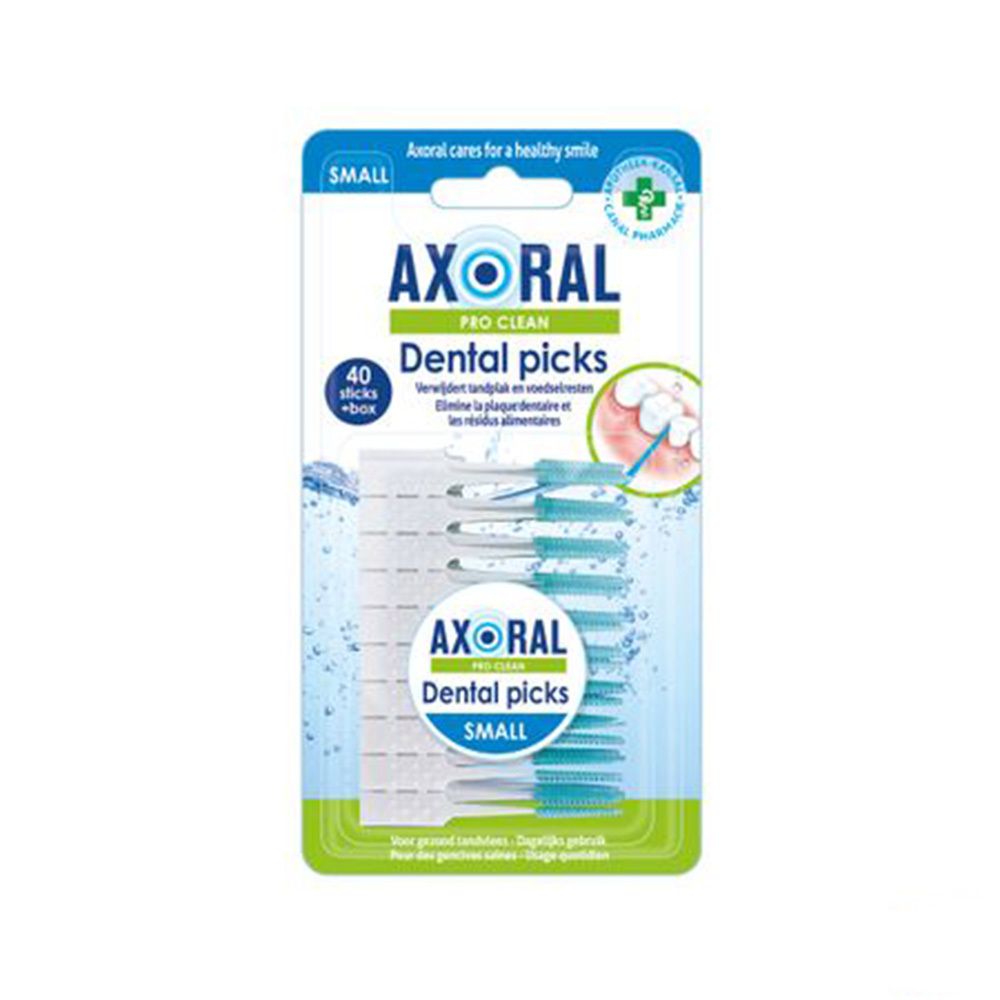 Axoral Pro Clean Dental Picks Small. Blisterverpakking met 40 picks. Blauwe en witte picks in een transparante houder. Tekst: "Dental picks".