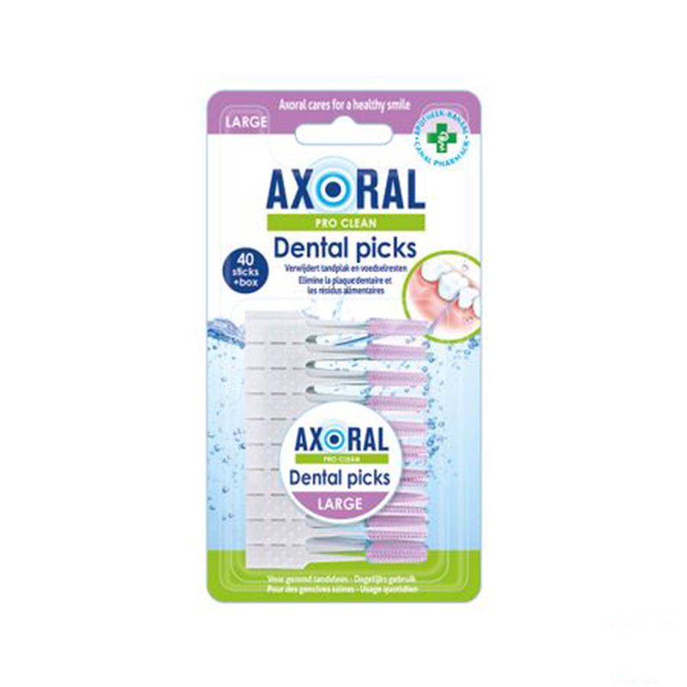 Emballage de cure-dents Axoral Pro Clean Large. 40 pièces. Design vert et blanc avec nom et logo du produit.