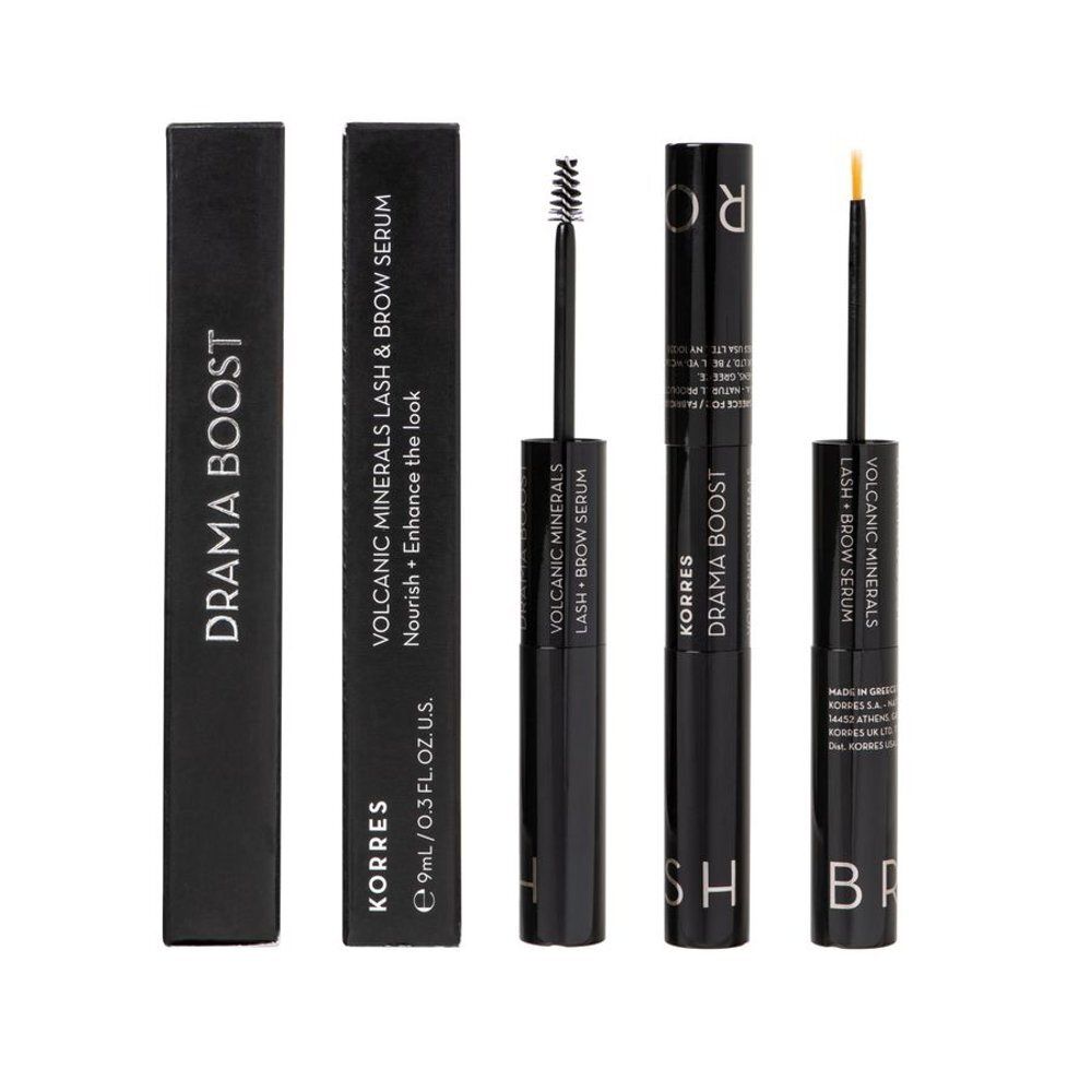 Korres wimperserum en wenkbrauwserum. Zwarte verpakking en flacons. Twee applicators: borstel en fijne punt.