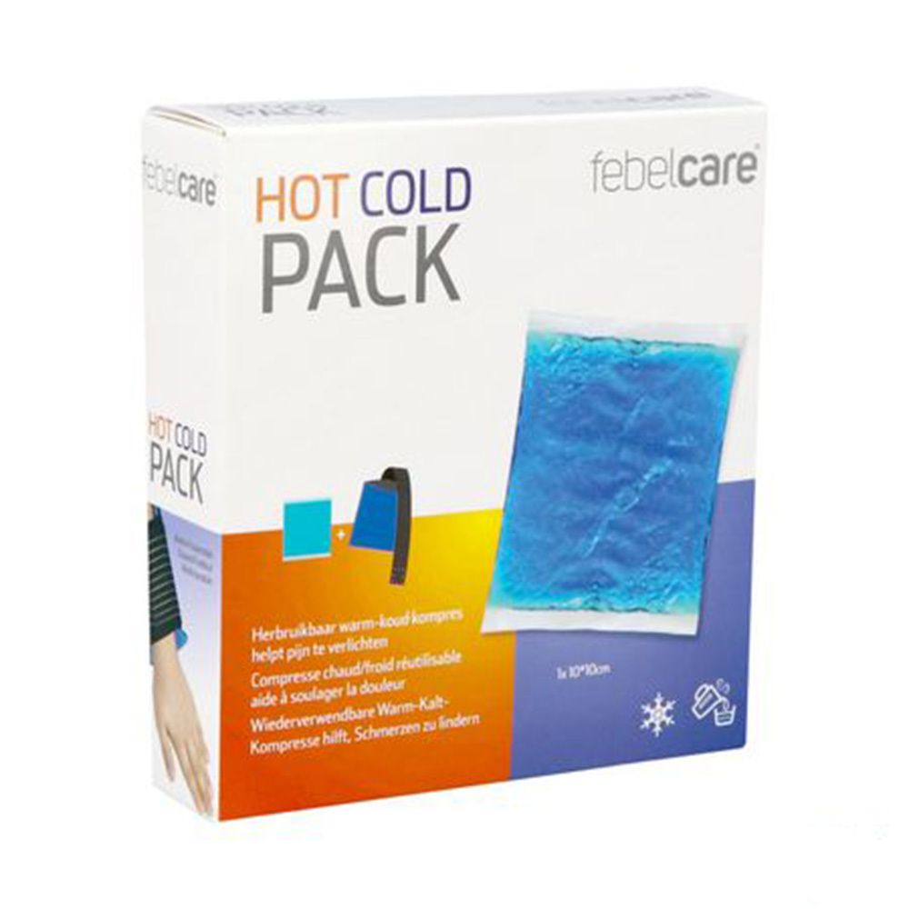 Boîte "HOT COLD PACK" avec logo "febelcare". Contient un pack de gel bleu. Texte: "1x 10*10cm".