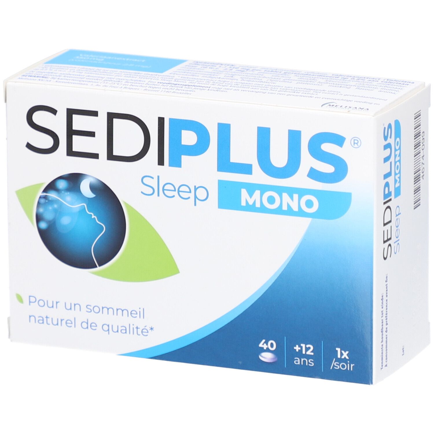 Boîte Sediplus Sleep Mono. Inscription: 40 comprimés, +12 ans, 1x le soir. Logo: Lune sur profil. Texte: Pour un sommeil naturel de qualité.
