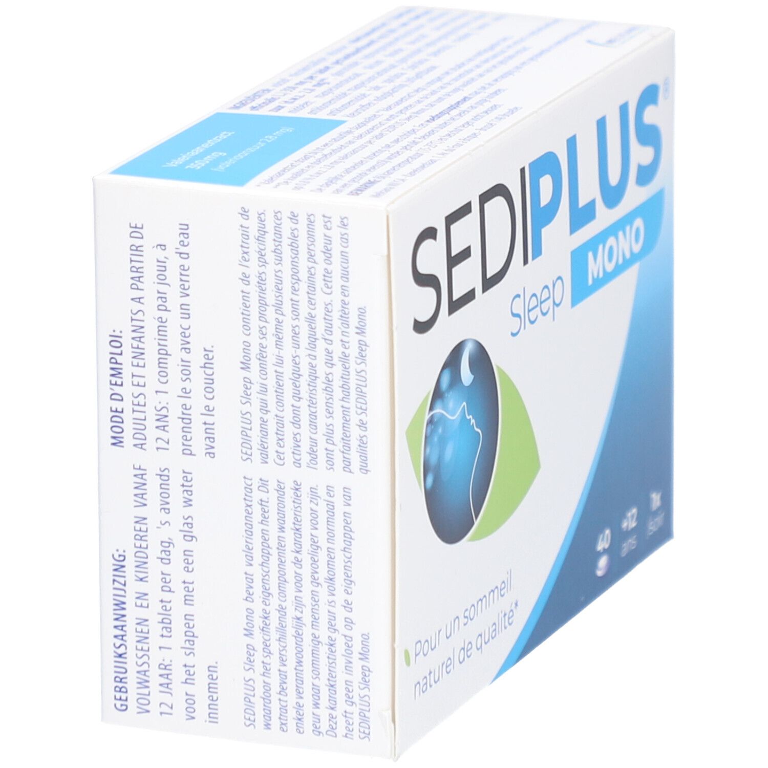 Boîte Sediplus Sleep Mono en biais. Inscription: 40 comprimés, +12 ans, 1x le soir. Logo: Lune sur profil. Texte: Pour un sommeil naturel de qualité.