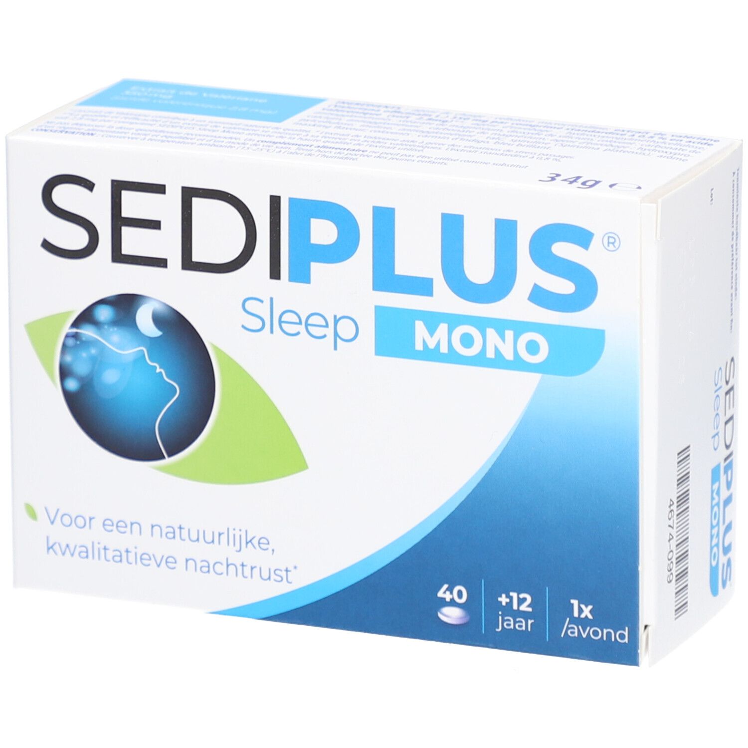 Boîte Sediplus Sleep Mono. Inscription: 40 comprimés, +12 ans, 1x le soir. Logo: Lune sur profil. Texte: Voor een natuurlijke, kwalitatieve nachtrust.