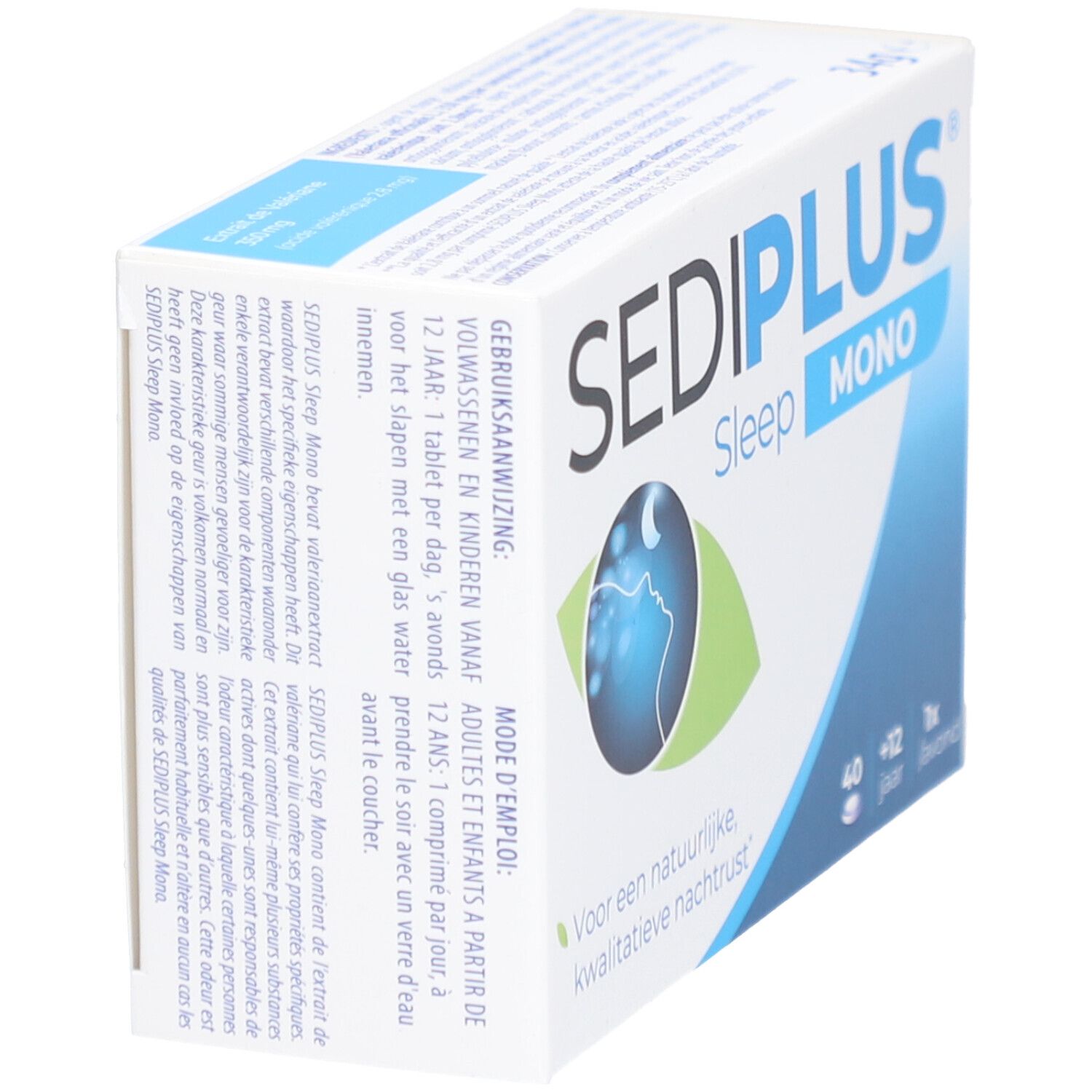 Boîte Sediplus Sleep Mono en biais. Inscription: 40 comprimés, +12 ans, 1x le soir. Logo: Lune sur profil. Texte: Voor een natuurlijke, kwalitatieve nachtrust.