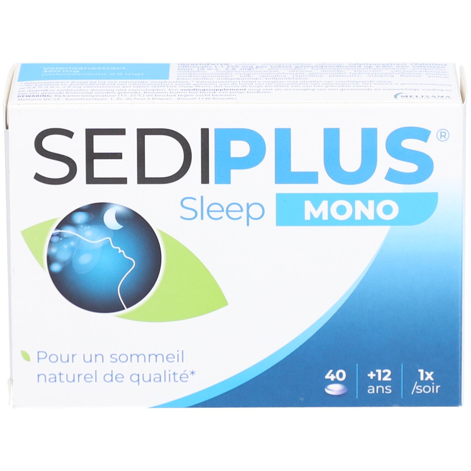 Boîte Sediplus Sleep Mono. Inscription: 40 comprimés, +12 ans, 1x le soir. Logo: Lune sur profil. Texte: Pour un sommeil naturel de qualité.