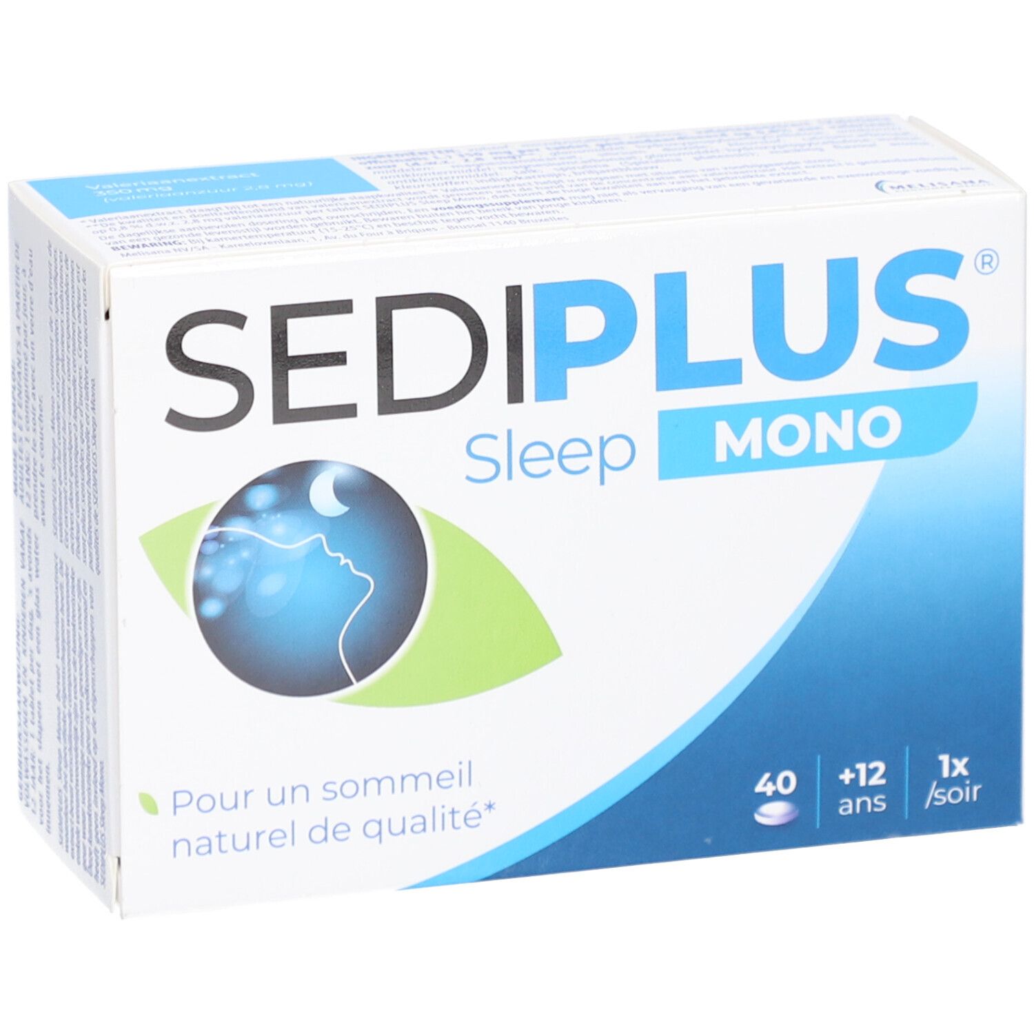 Boîte Sediplus Sleep Mono. Inscription: 40 comprimés, +12 ans, 1x le soir. Logo: Lune sur profil. Texte: Pour un sommeil naturel de qualité.